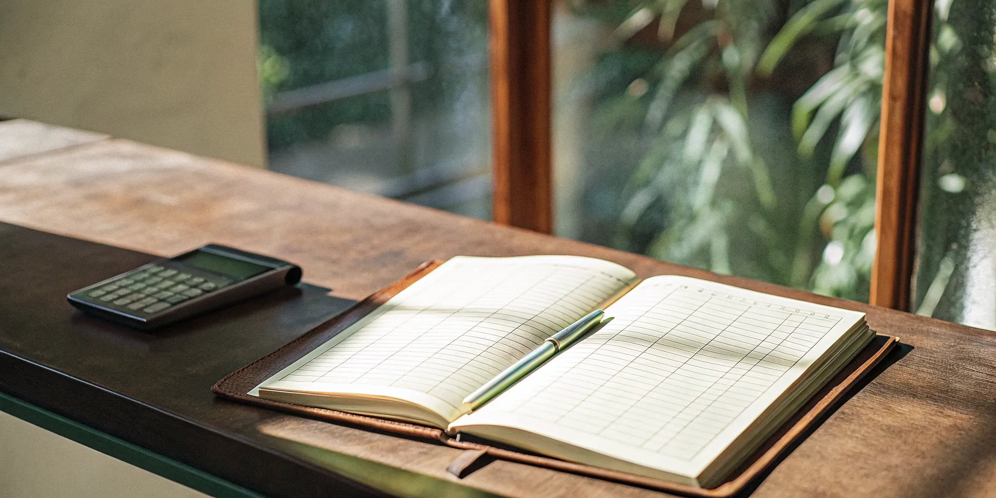 Accounting ledger, calculator, and pen on desk. Revenue accounting tools.