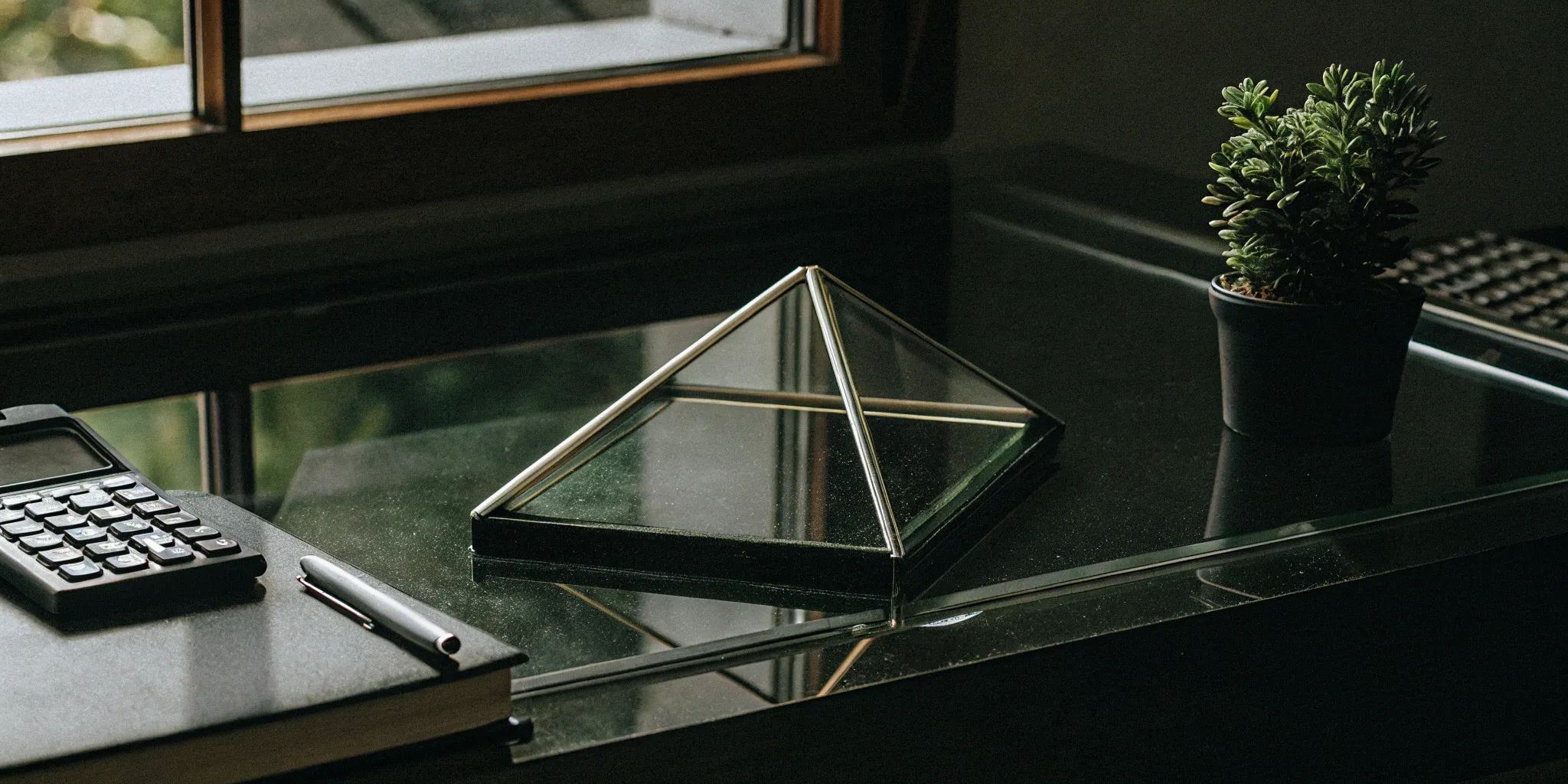 Organized accounting tools on a glass desk.