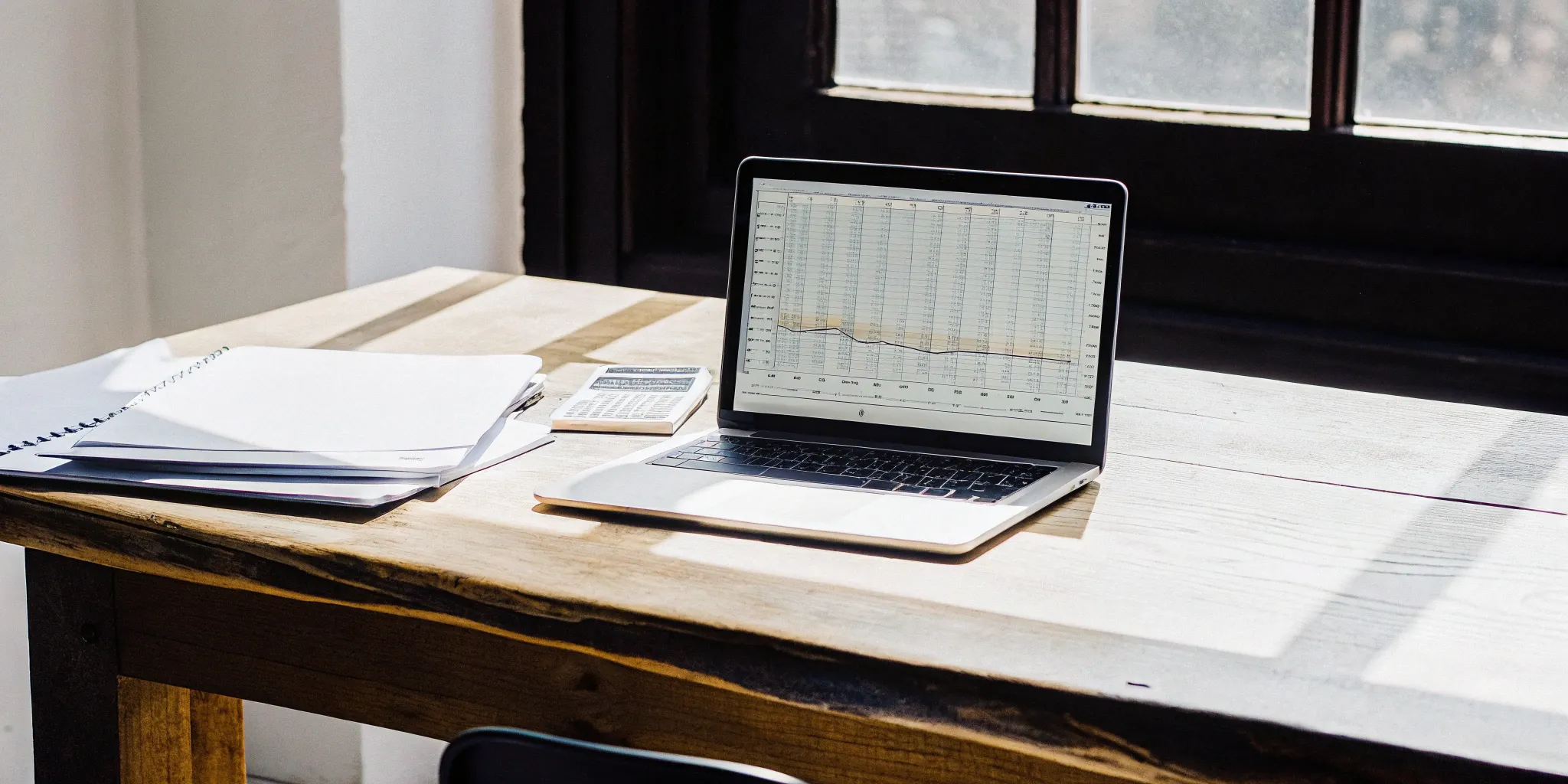 Accounting subledger spreadsheet on a laptop with calculator and documents.