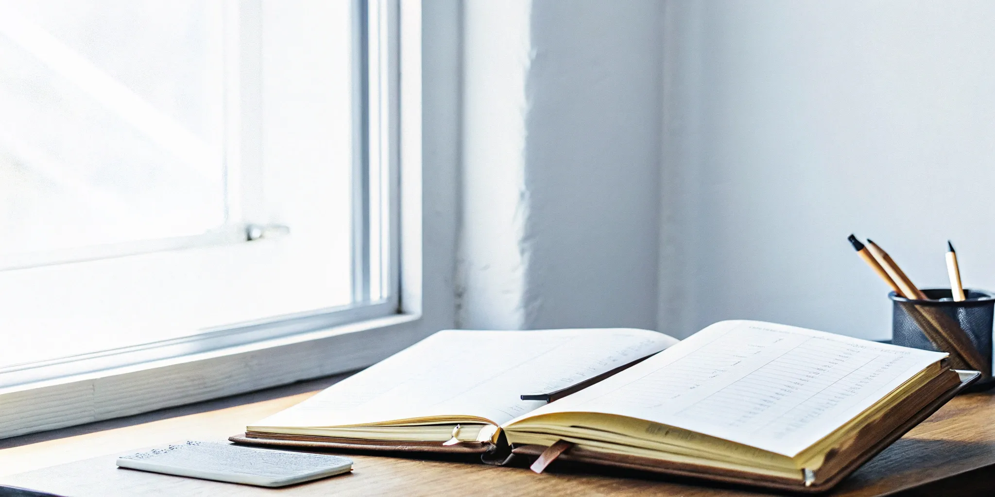 Accounting ledger and notepad by window.