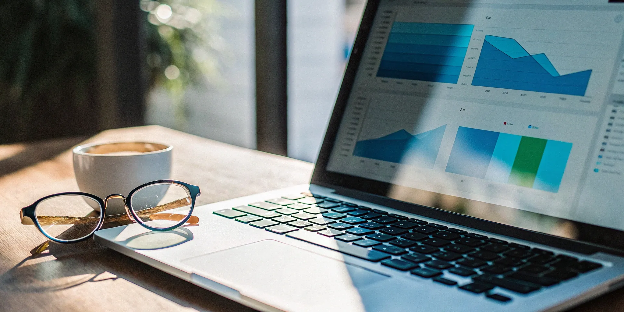 Stripe reporting charts on a laptop with glasses and coffee.
