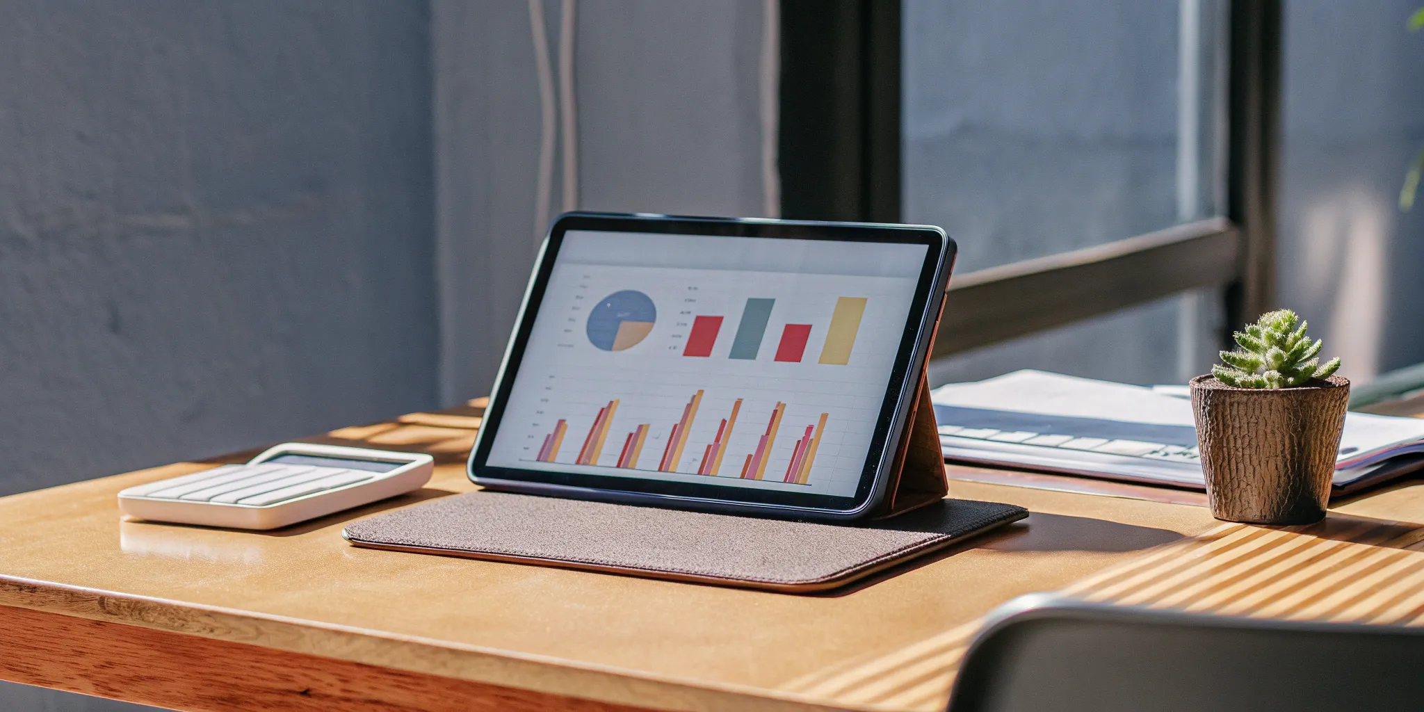 App Store Connect sales data on tablet with calculator.