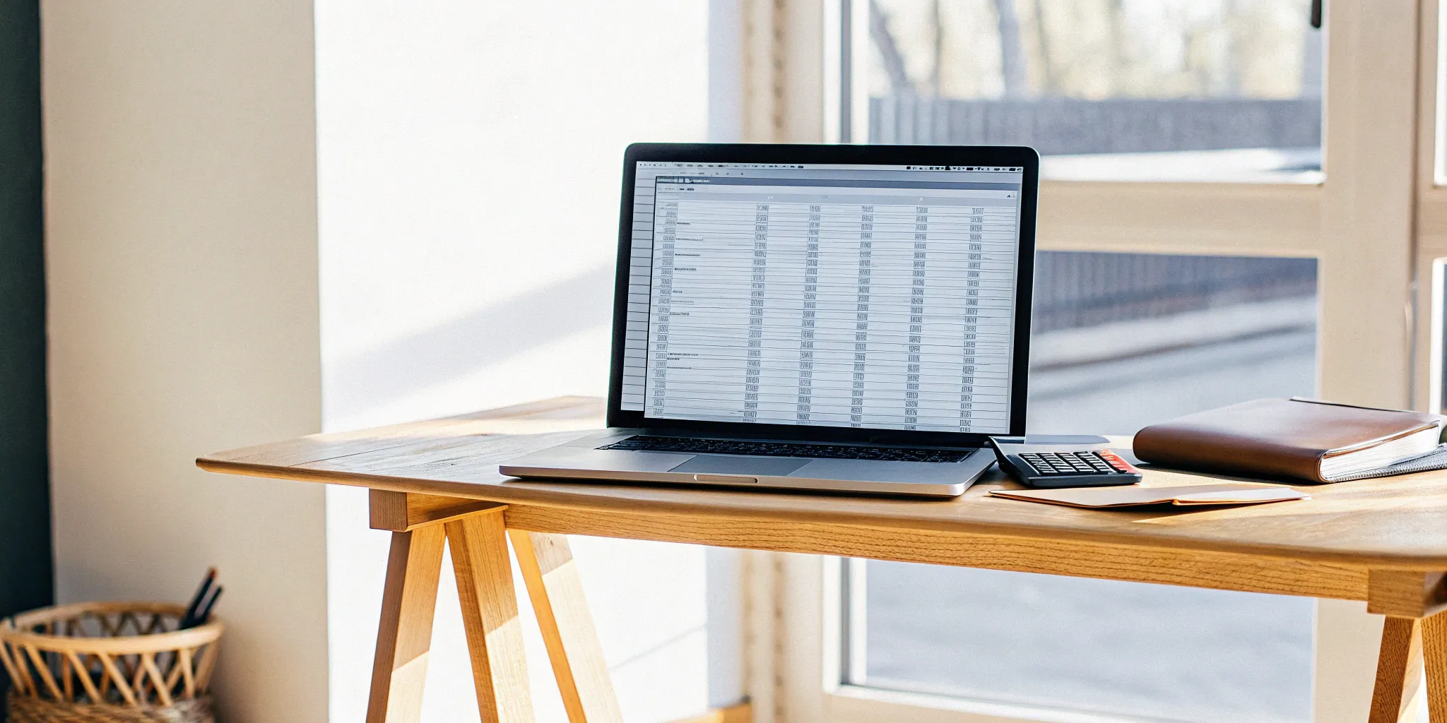 Subscription revenue accounting spreadsheet on a laptop with calculator and notebook.