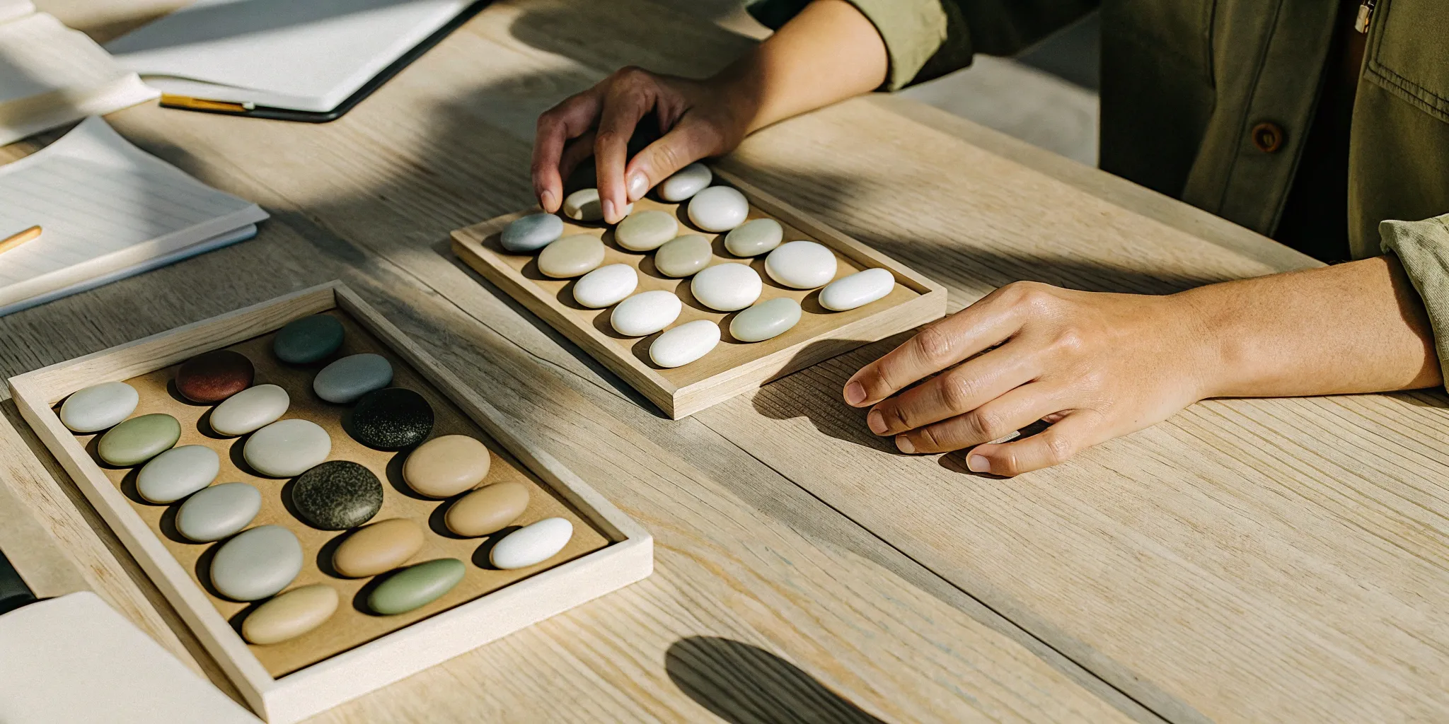 Organized stones on wooden trays symbolize subledger systems for efficient financial data management.