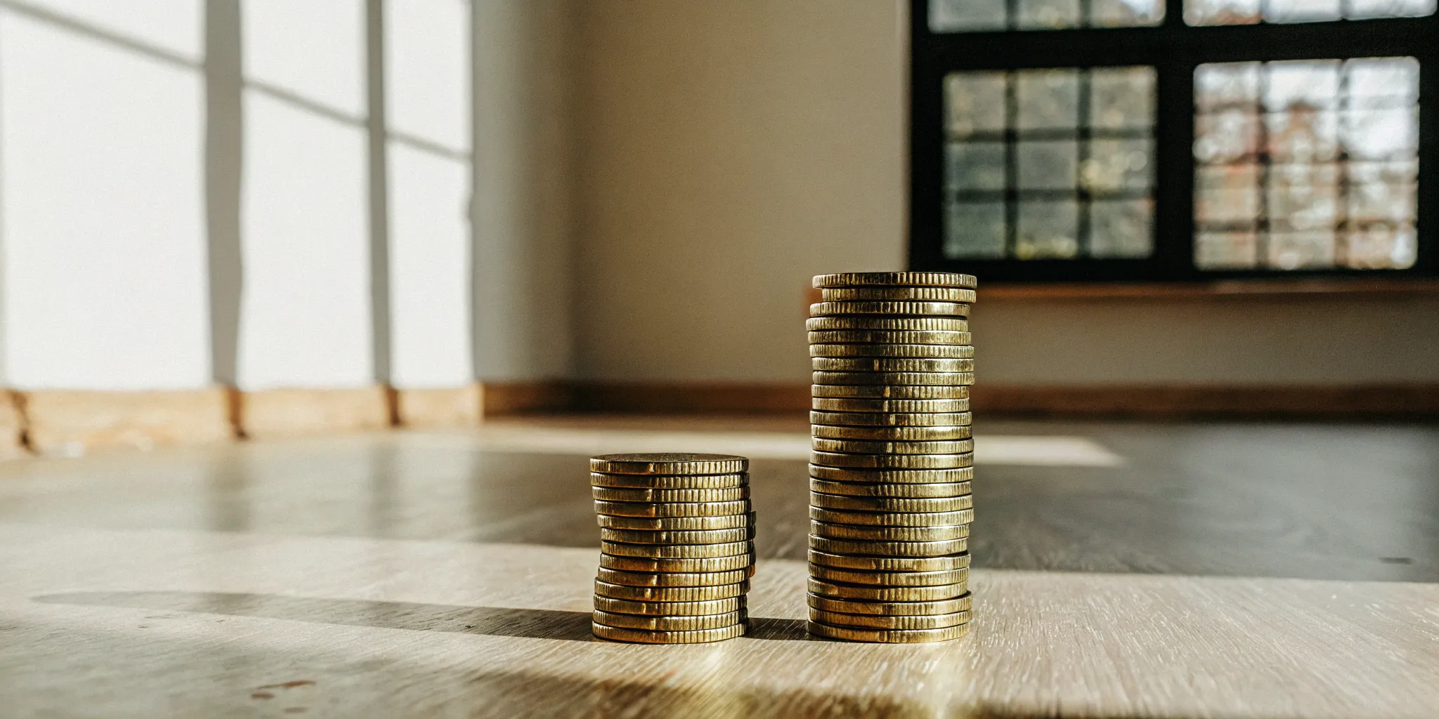 Gold coins stacked on wood floor.