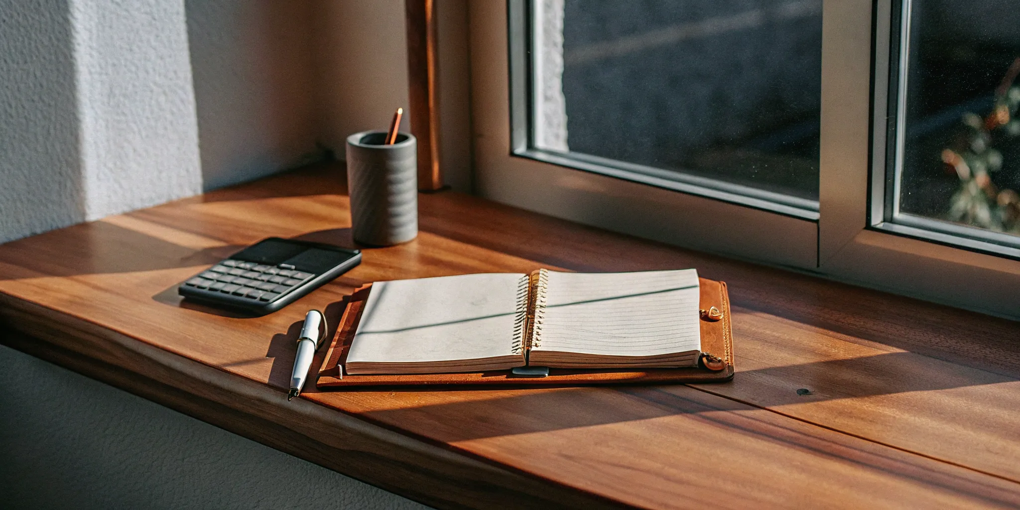 COGS journal entry tools: Notebook, pen, calculator, and pencil.