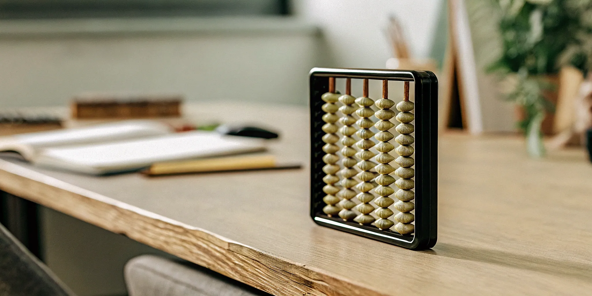 Abacus on desk. Recognized revenue. Financial accuracy.