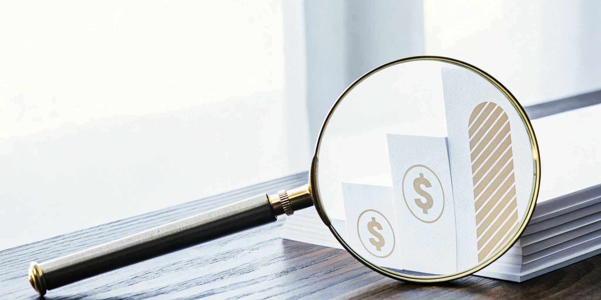Stripe dispute fee analysis with magnifying glass, papers, and graph.