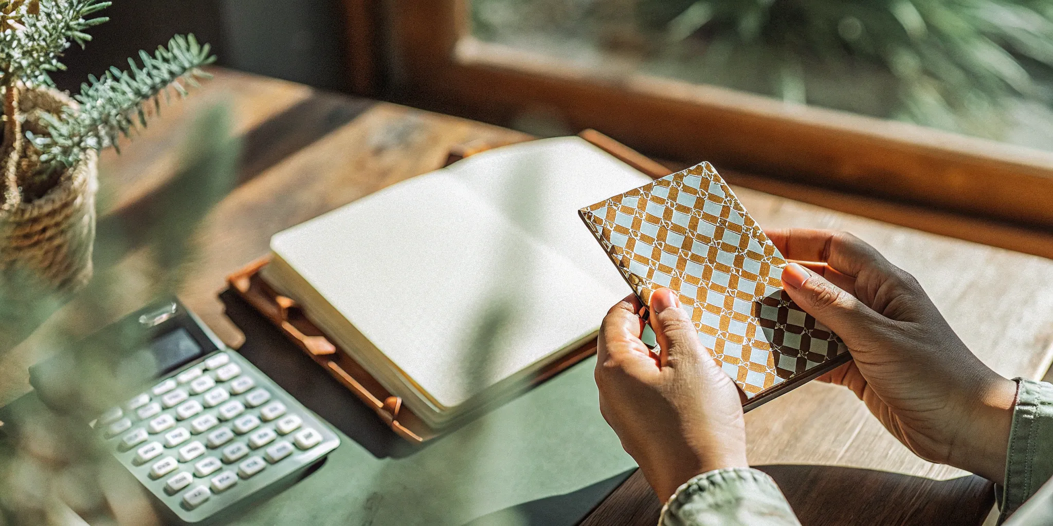 Gift card journal entry in patterned journal with notebook and calculator.