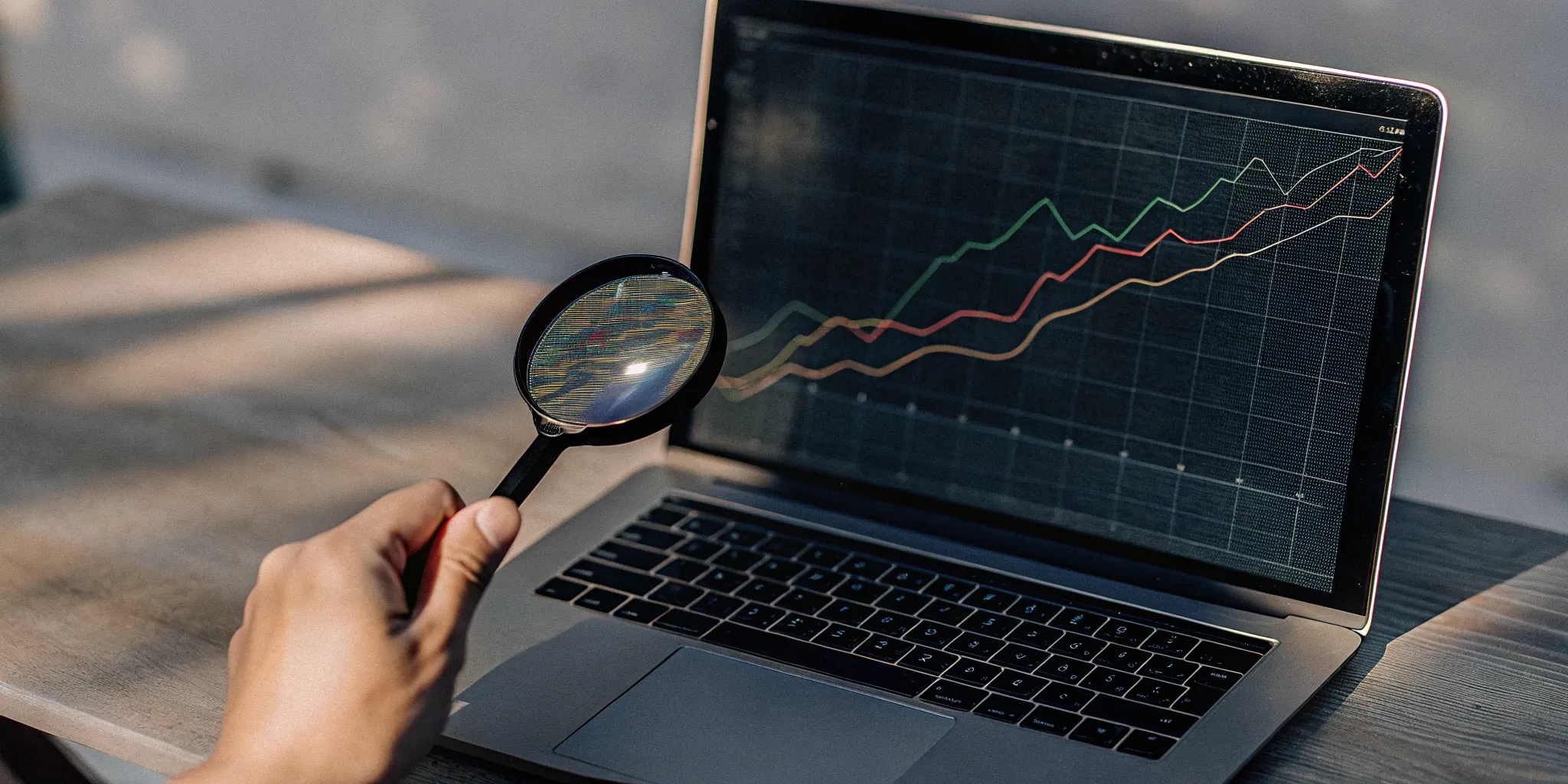 Magnifying glass over laptop displaying subscription revenue growth.