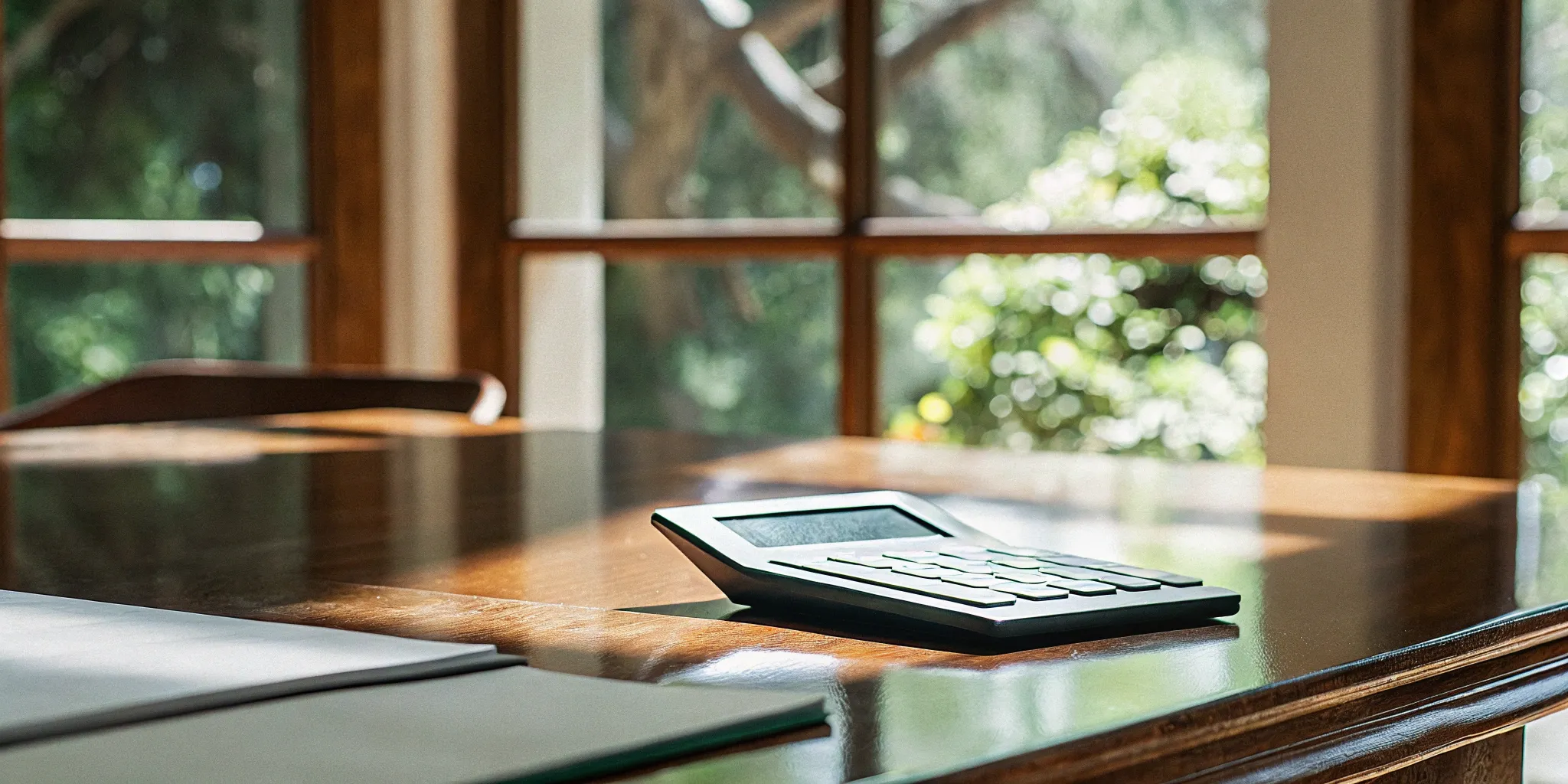 Calculator beside window. Bookings to revenue conversion.