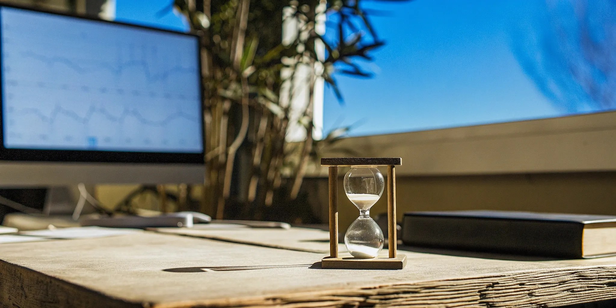 Backlog vs. deferred revenue: hourglass, computer, and notebook symbolize time and financial management.