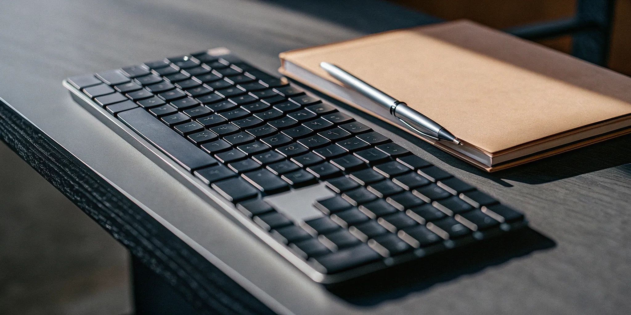 Journal automation software: keyboard, pen, and notebook.