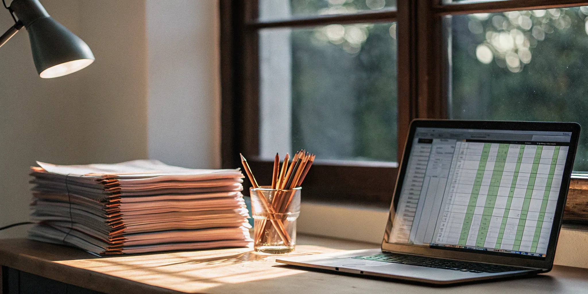 Daily accounting close tools: laptop, spreadsheet, and documents.