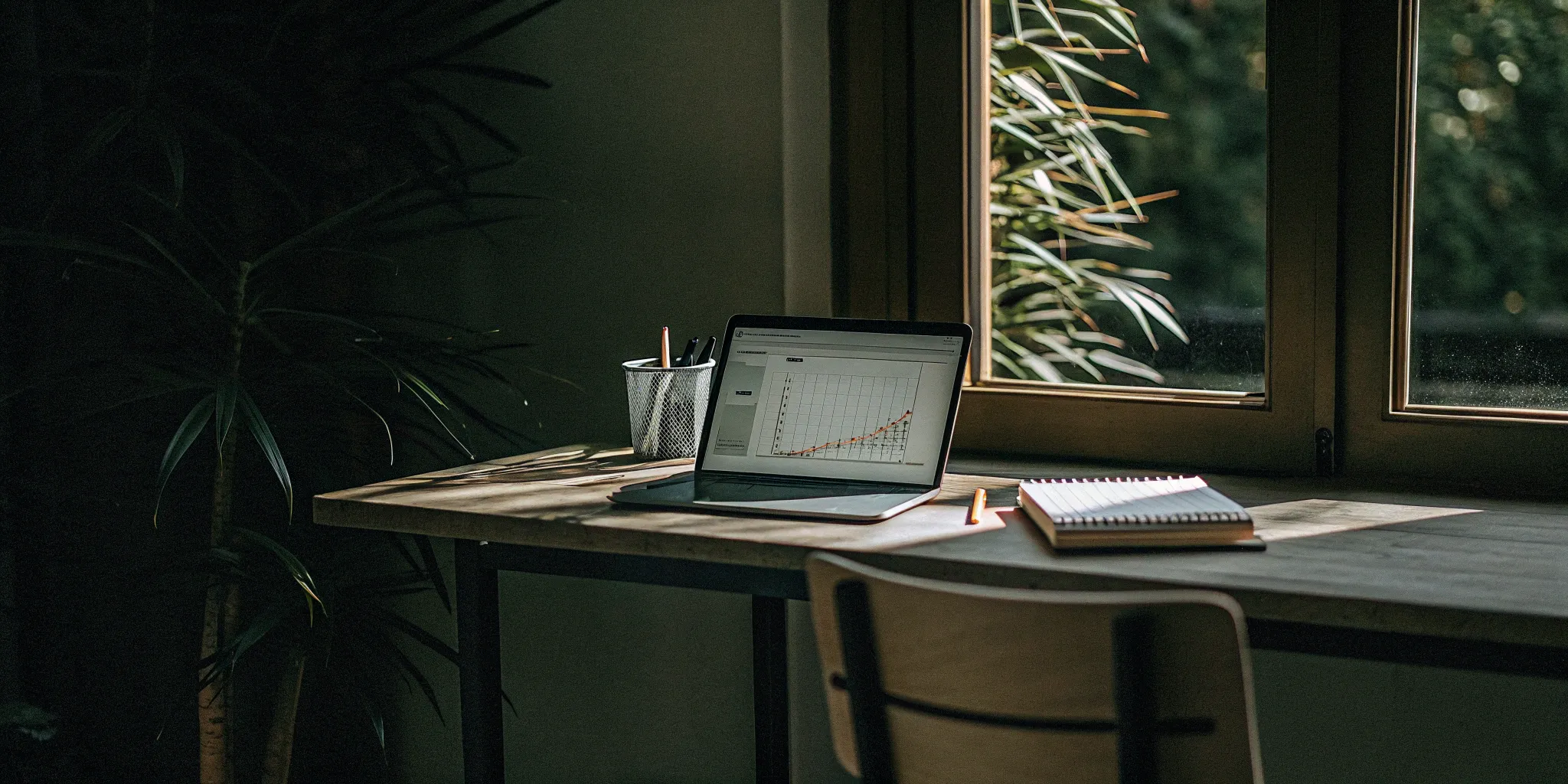 Monthly revenue breakdown chart on a laptop with notebook and pencil.