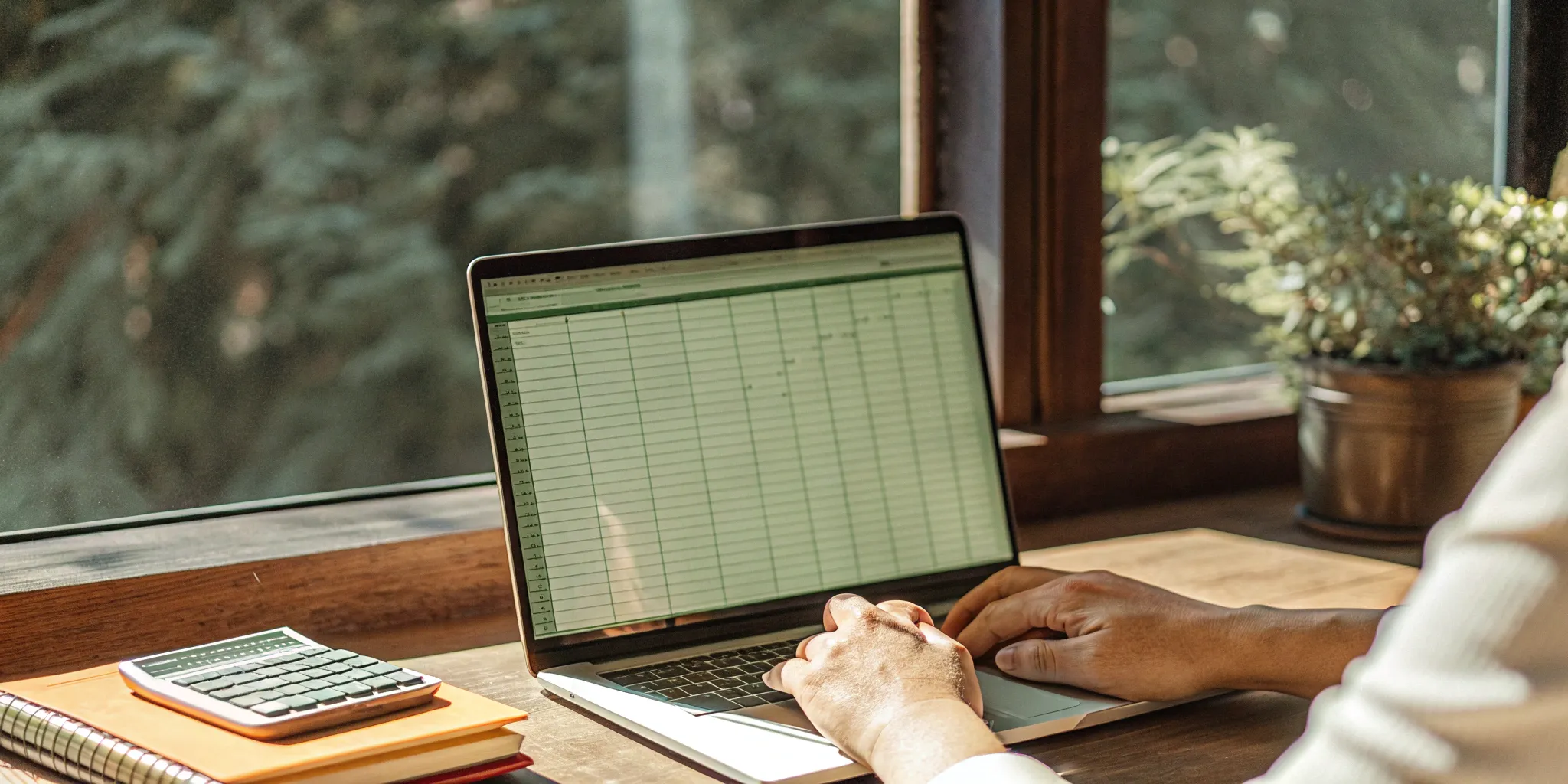 Gross revenue reporting spreadsheet on laptop with calculator and notebook.