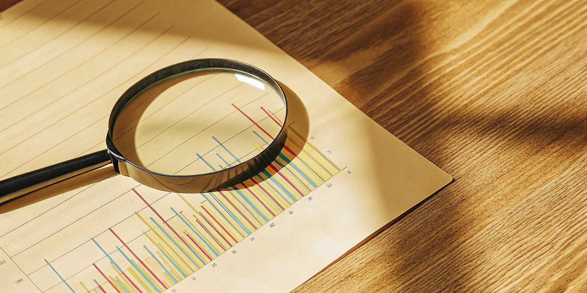 A magnifying glass examining a colorful revenue cohort analysis chart to identify key revenue trends.