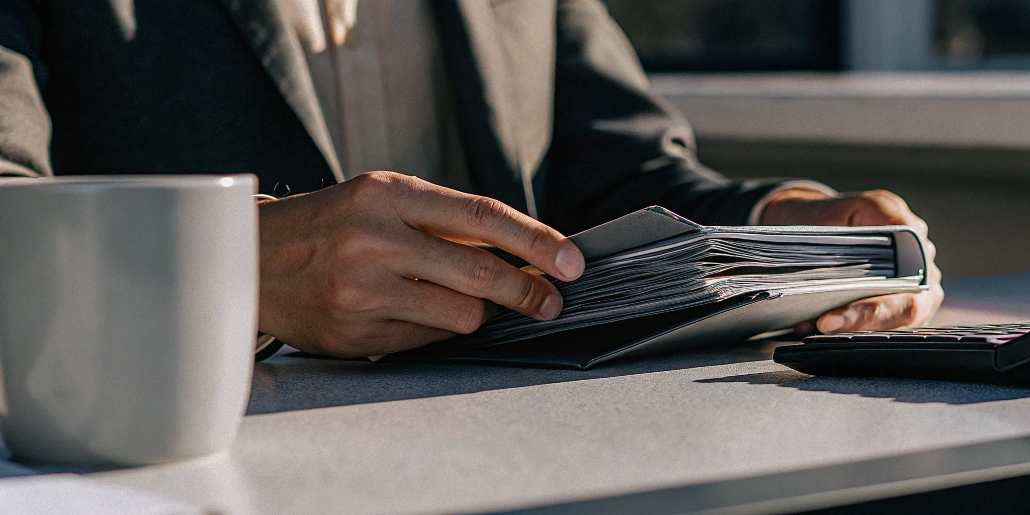 A professional uses a close the books checklist to review financial documents.