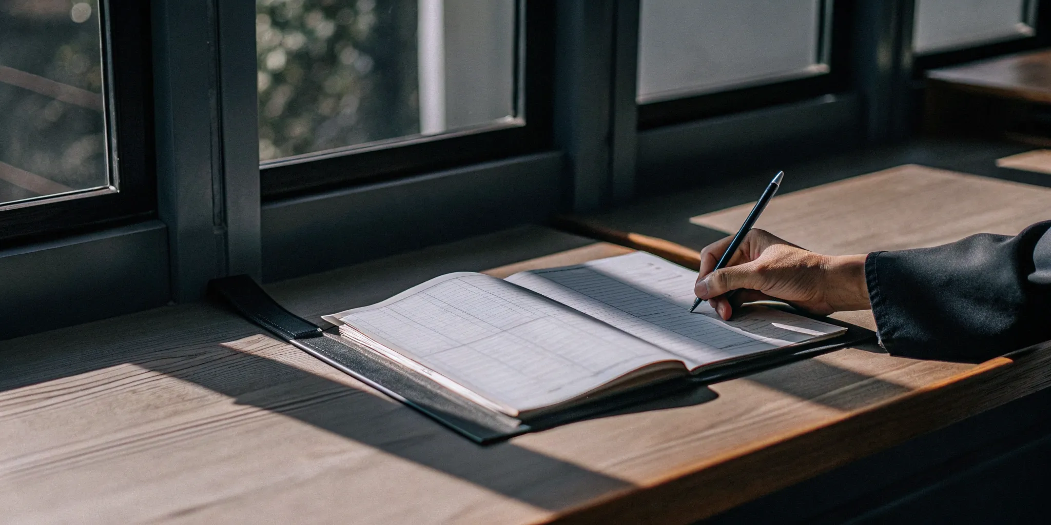 A hand tracks consignment revenue recognition in an accounting ledger.