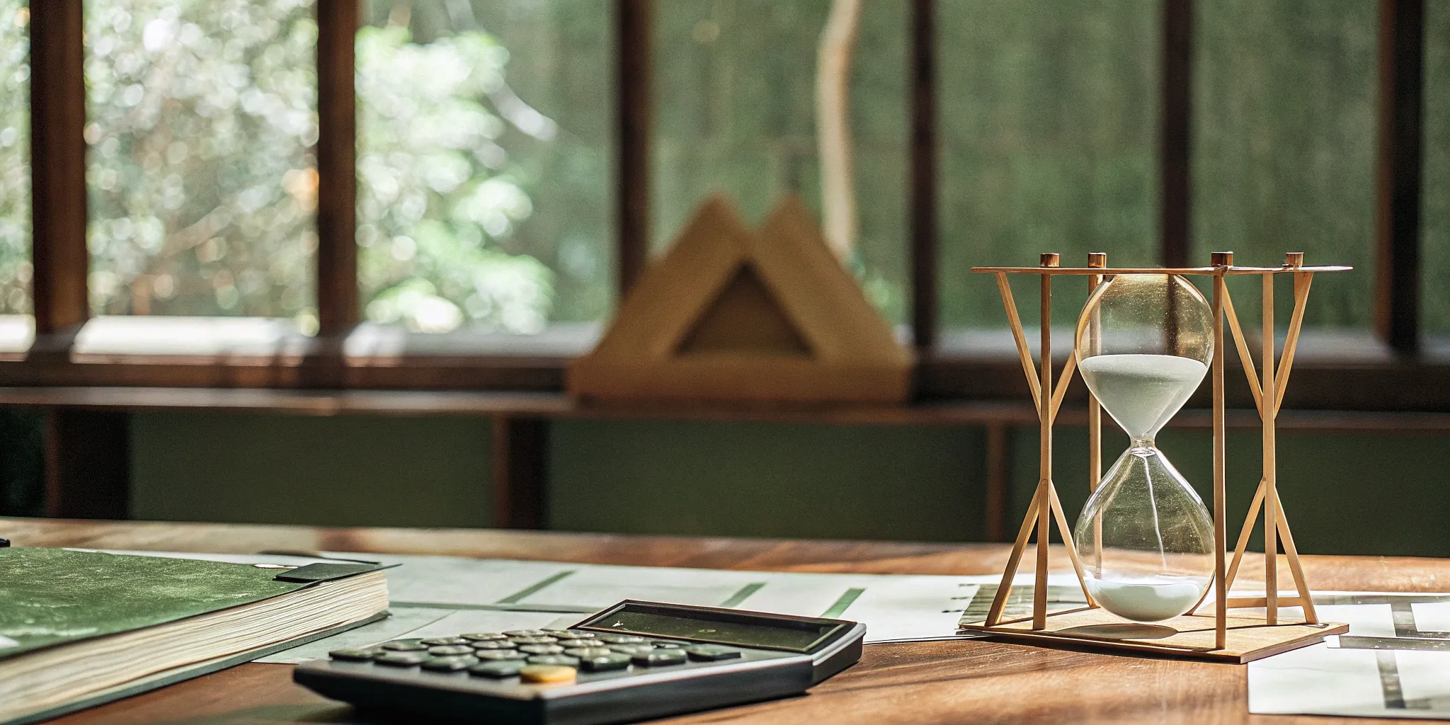 A calculator, hourglass, and documents for consumption-based revenue recognition.