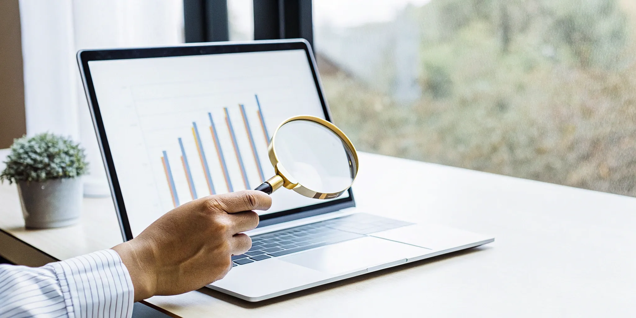 Analyzing bookings vs. revenue data on a laptop.