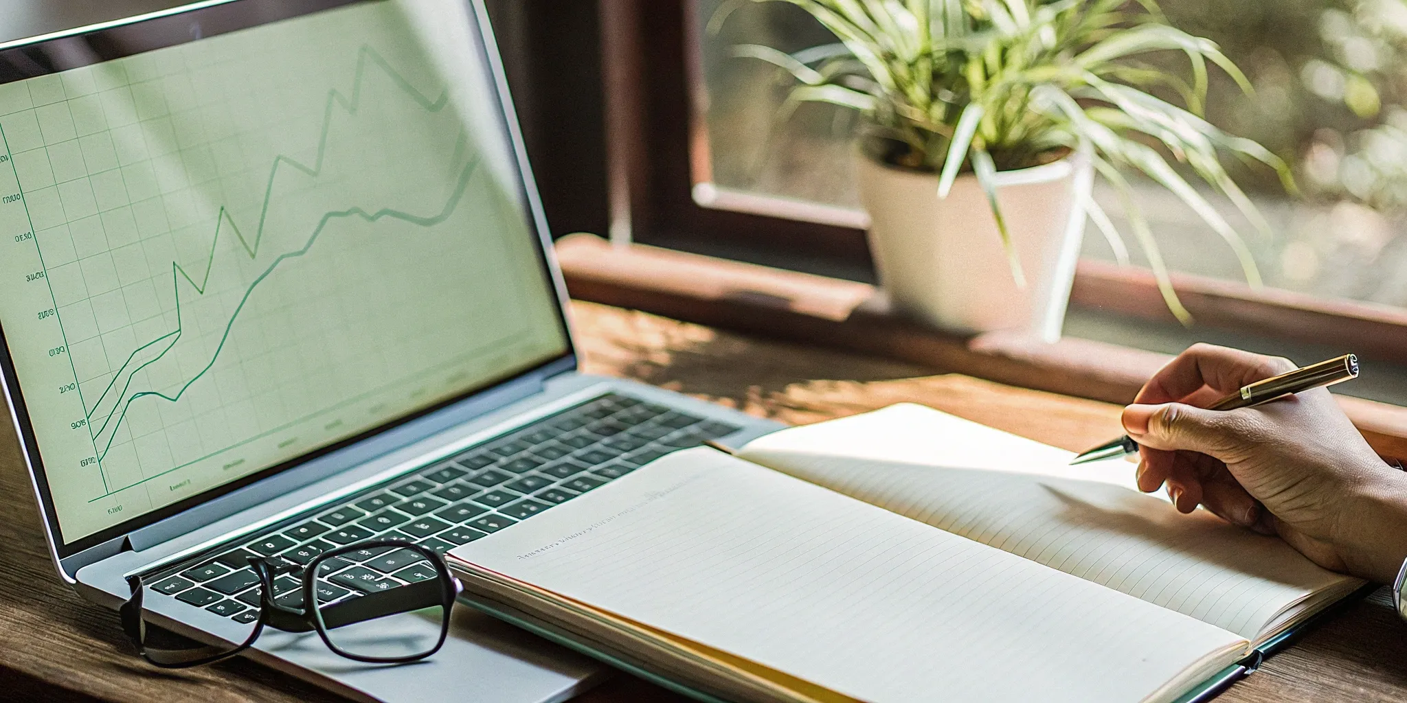 A person at a desk analyzing a business growth chart on a laptop to calculate ACV.