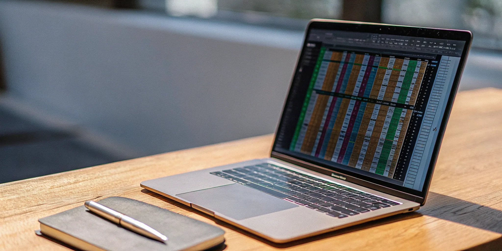 A laptop on a desk shows an annual recurring revenue Excel template.