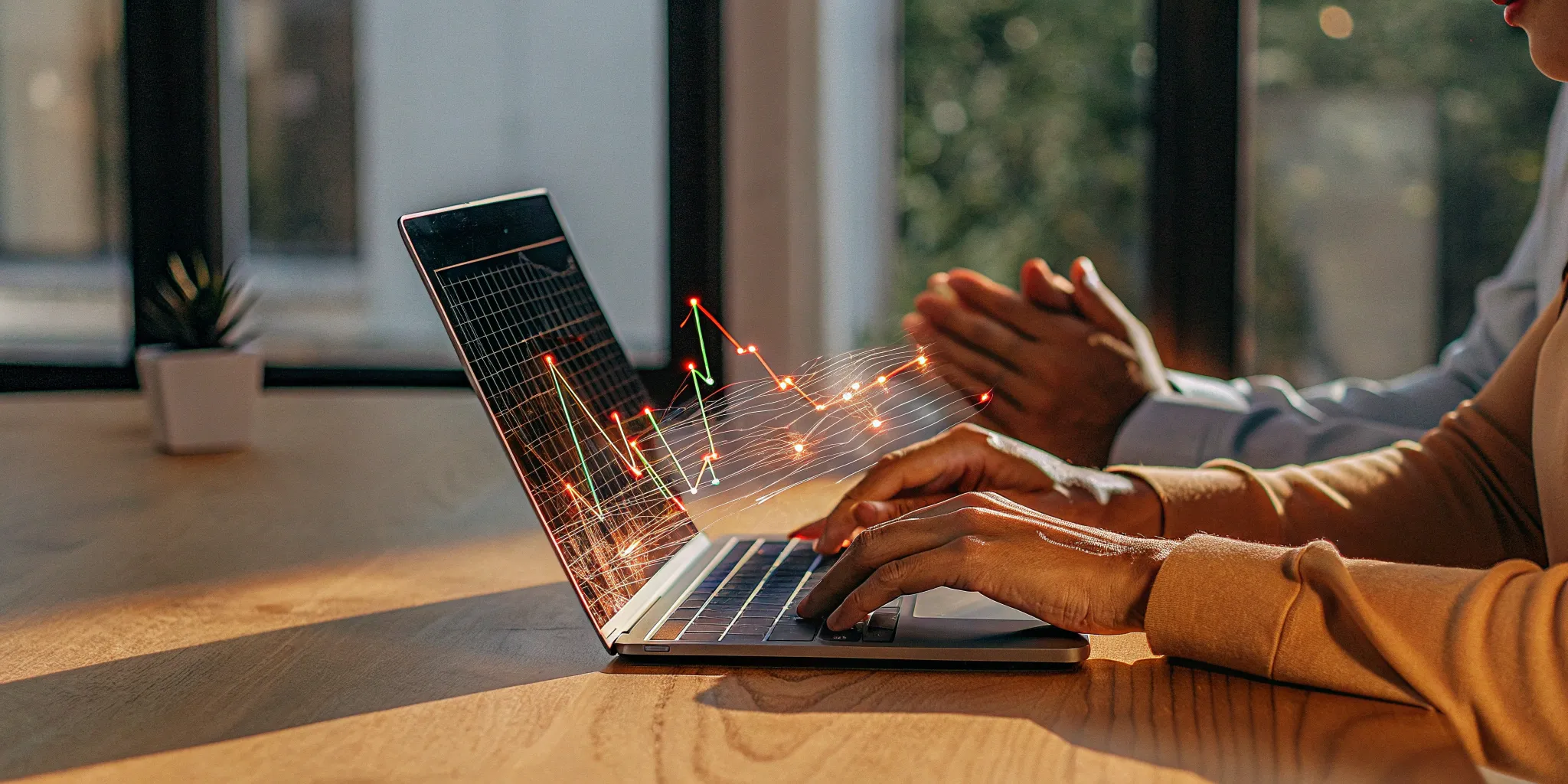 An accountant analyzing a financial graph with AI accounting tools on a laptop for 2025.