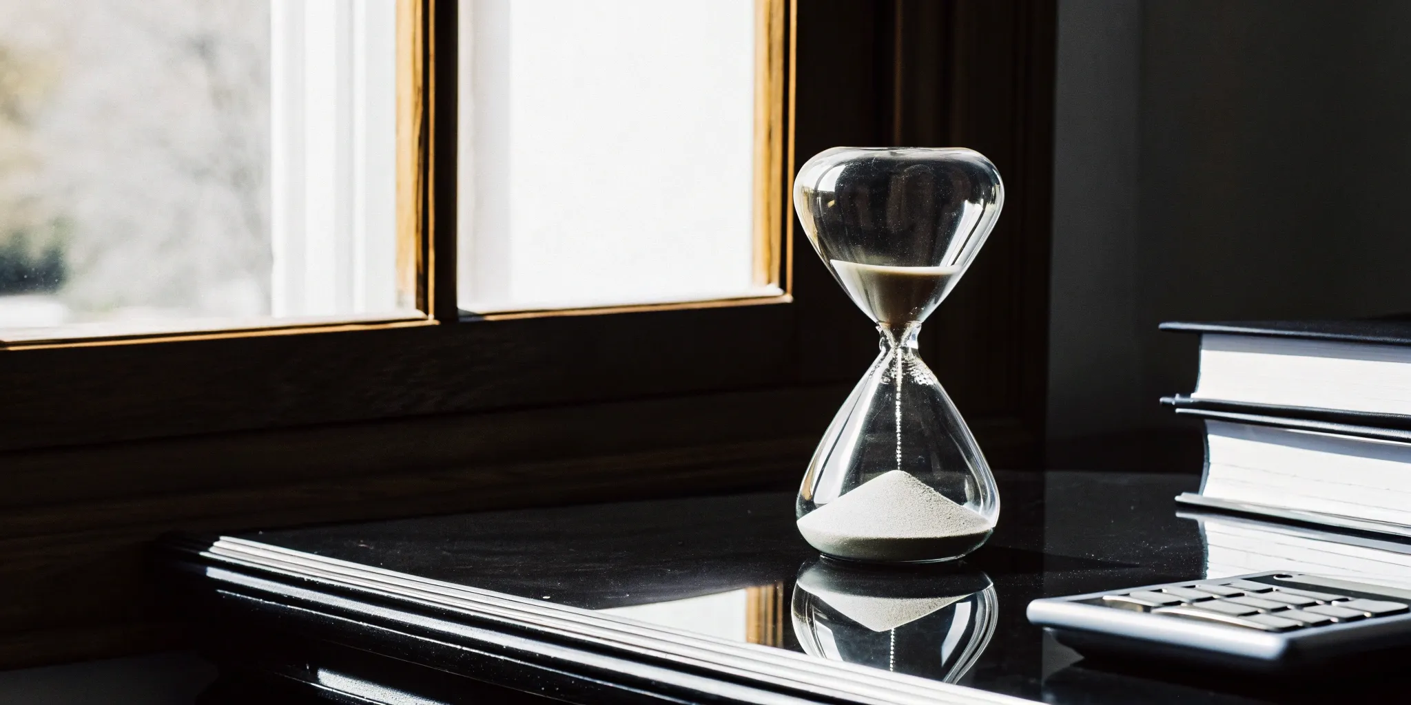An hourglass and calculator on a desk for an aging of accounts receivable sample.