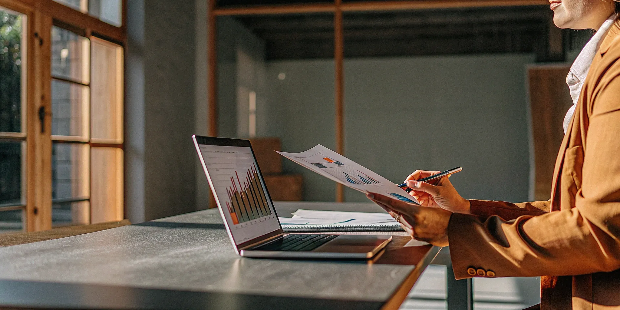 Business professional analyzing charts and documents for an ACV policy at a desk.