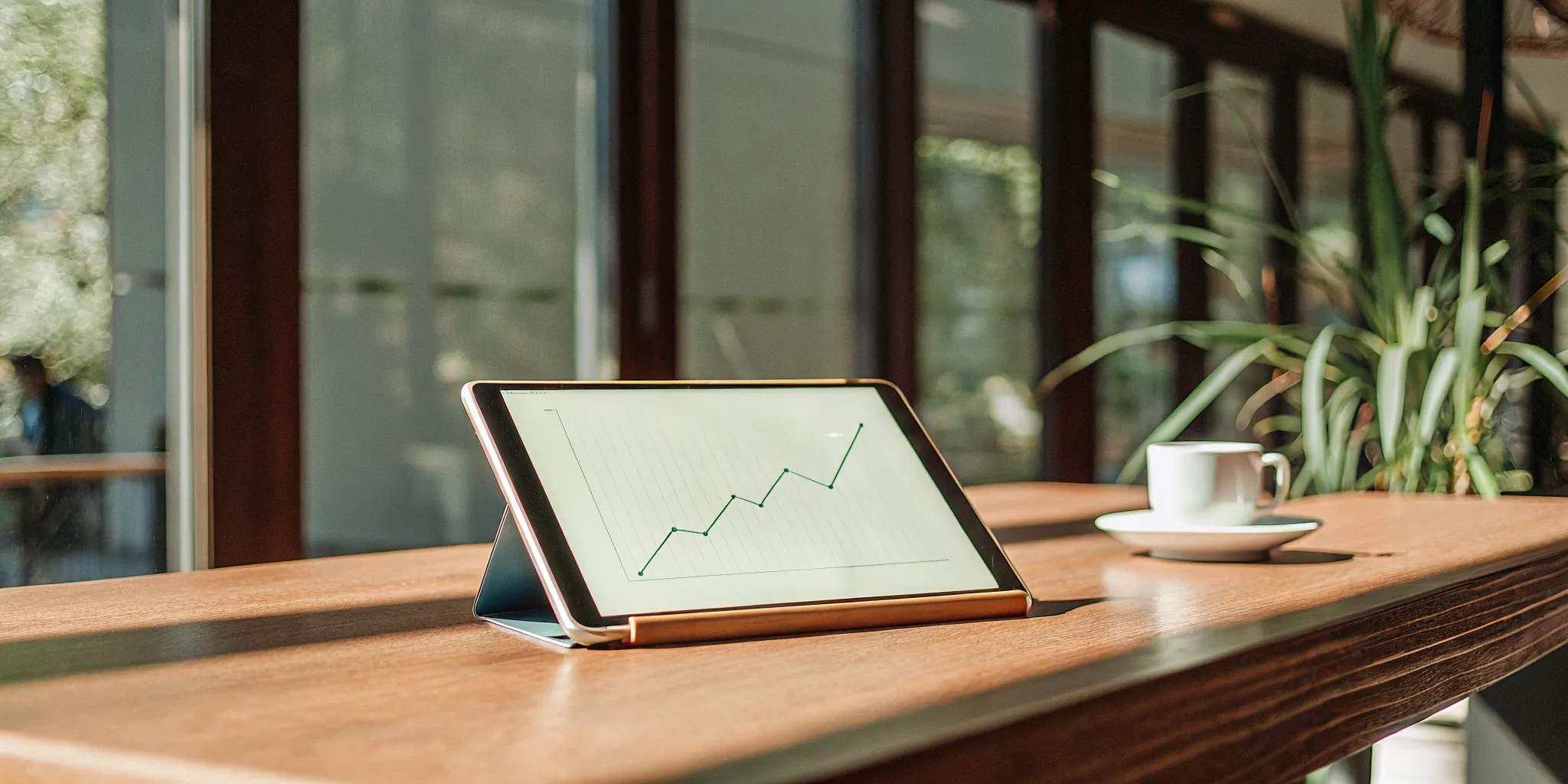 A tablet on an office desk displaying a chart with positive MRR growth.