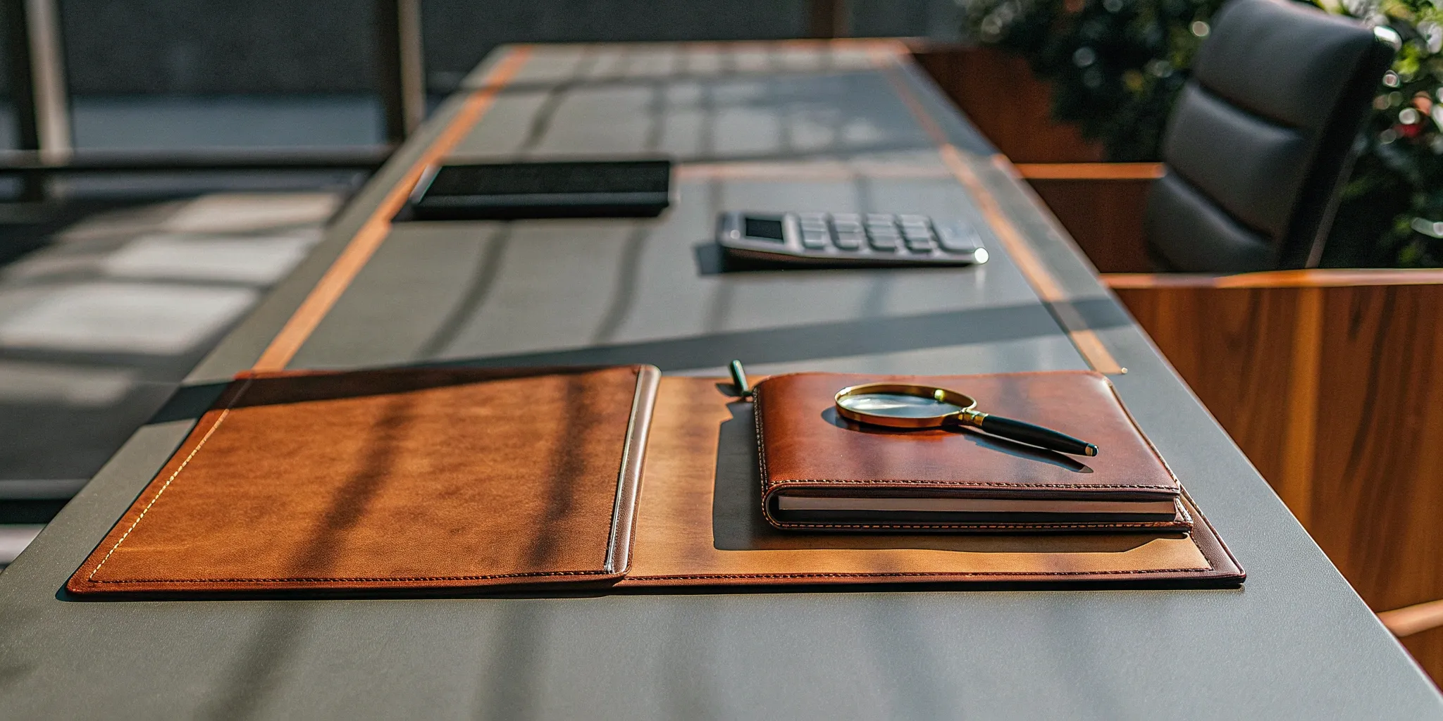 Office desk with a calculator and magnifying glass for analyzing a chargeback reserve.