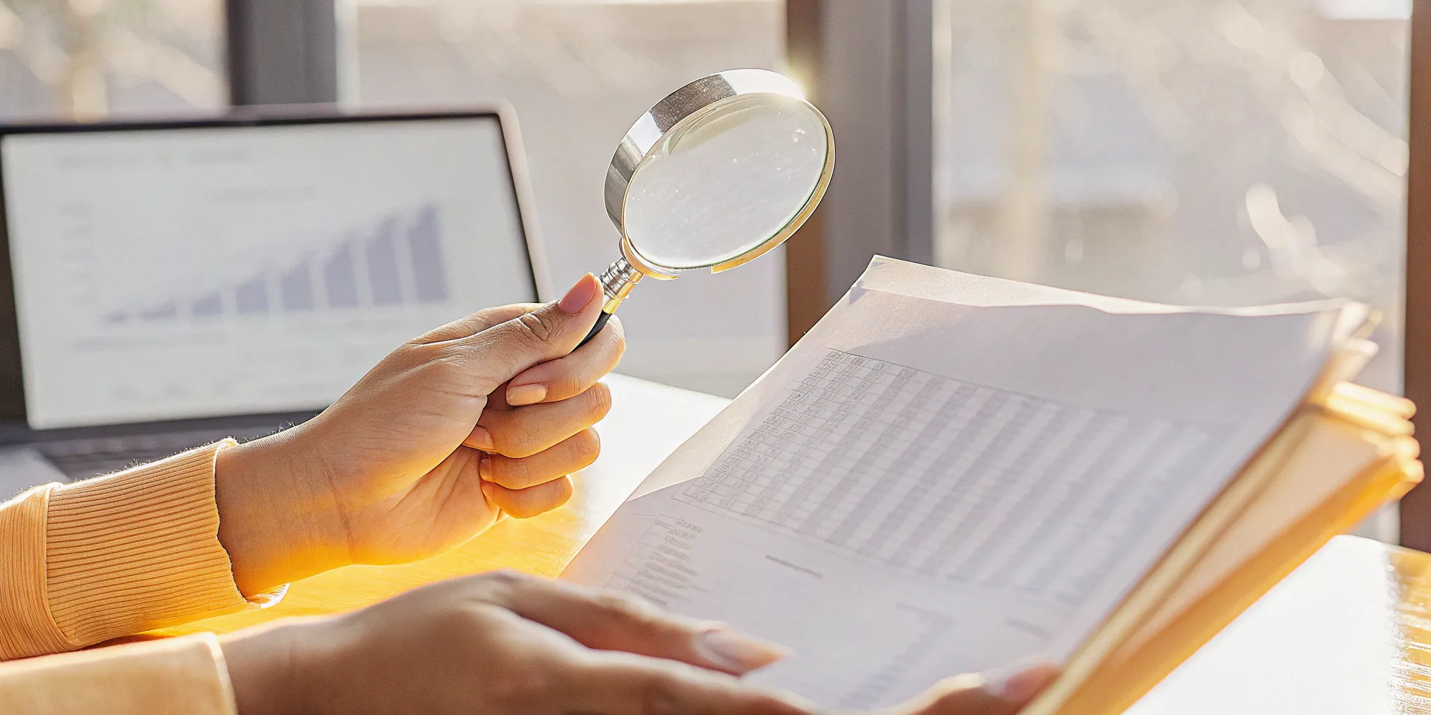 Auditor examining documents with a magnifying glass to verify the occurrence of revenue.