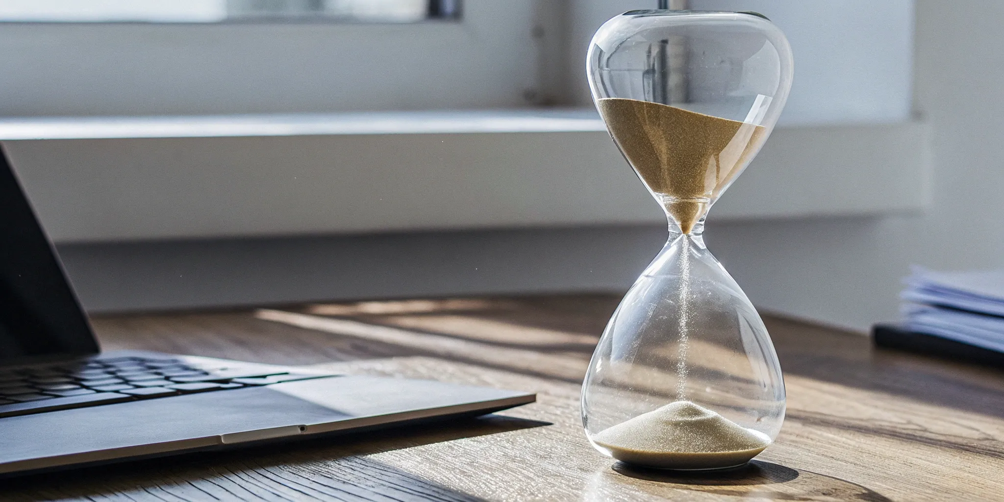 Hourglass and laptop on a desk for SaaS revenue recognition under ASC 606.