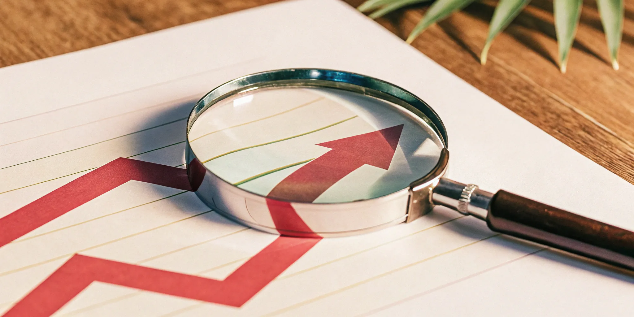 Calculating ARR growth rate with a magnifying glass over a chart showing an upward trend.