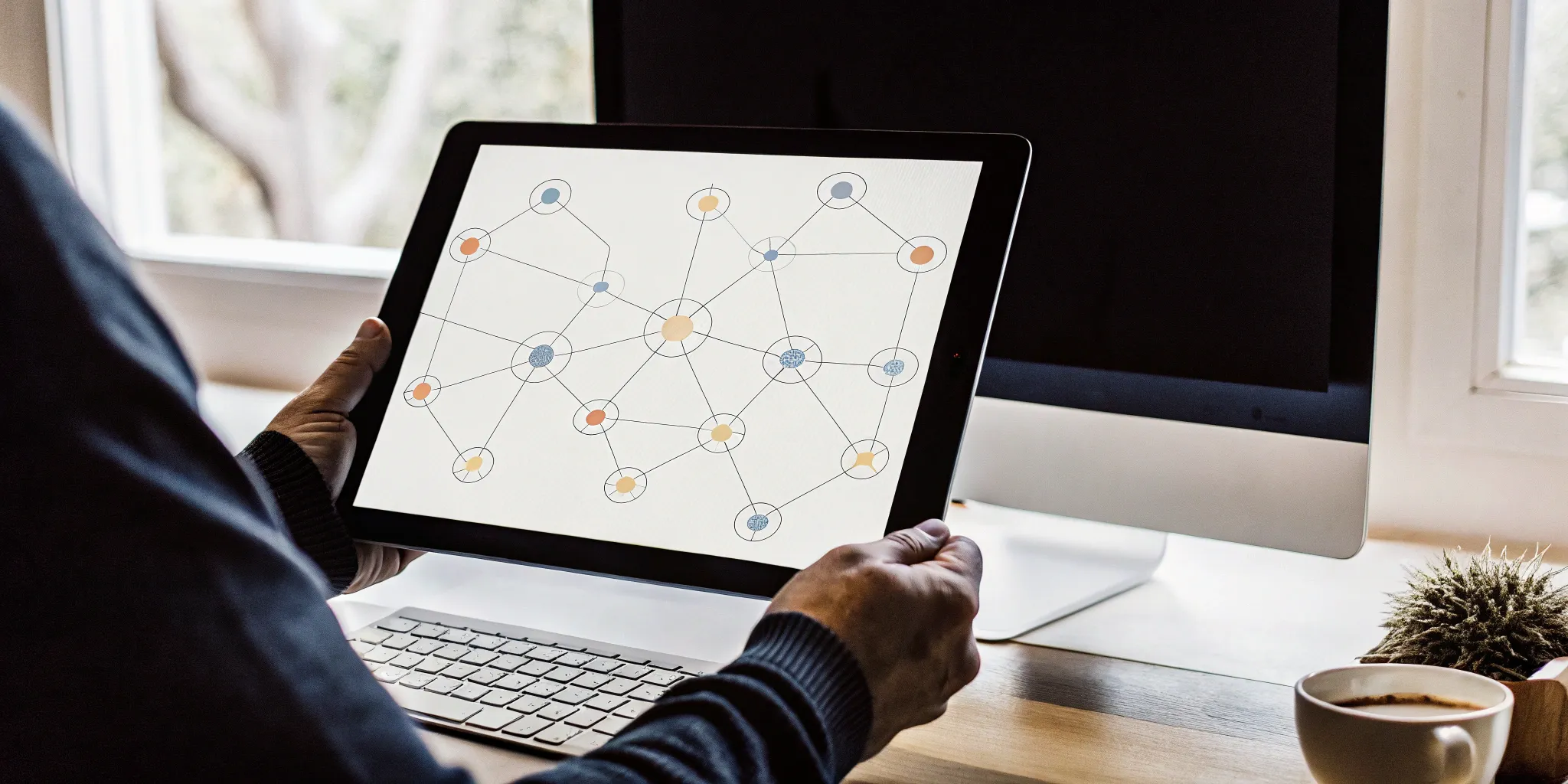 A tablet displaying a workflow diagram for accounting automation software.