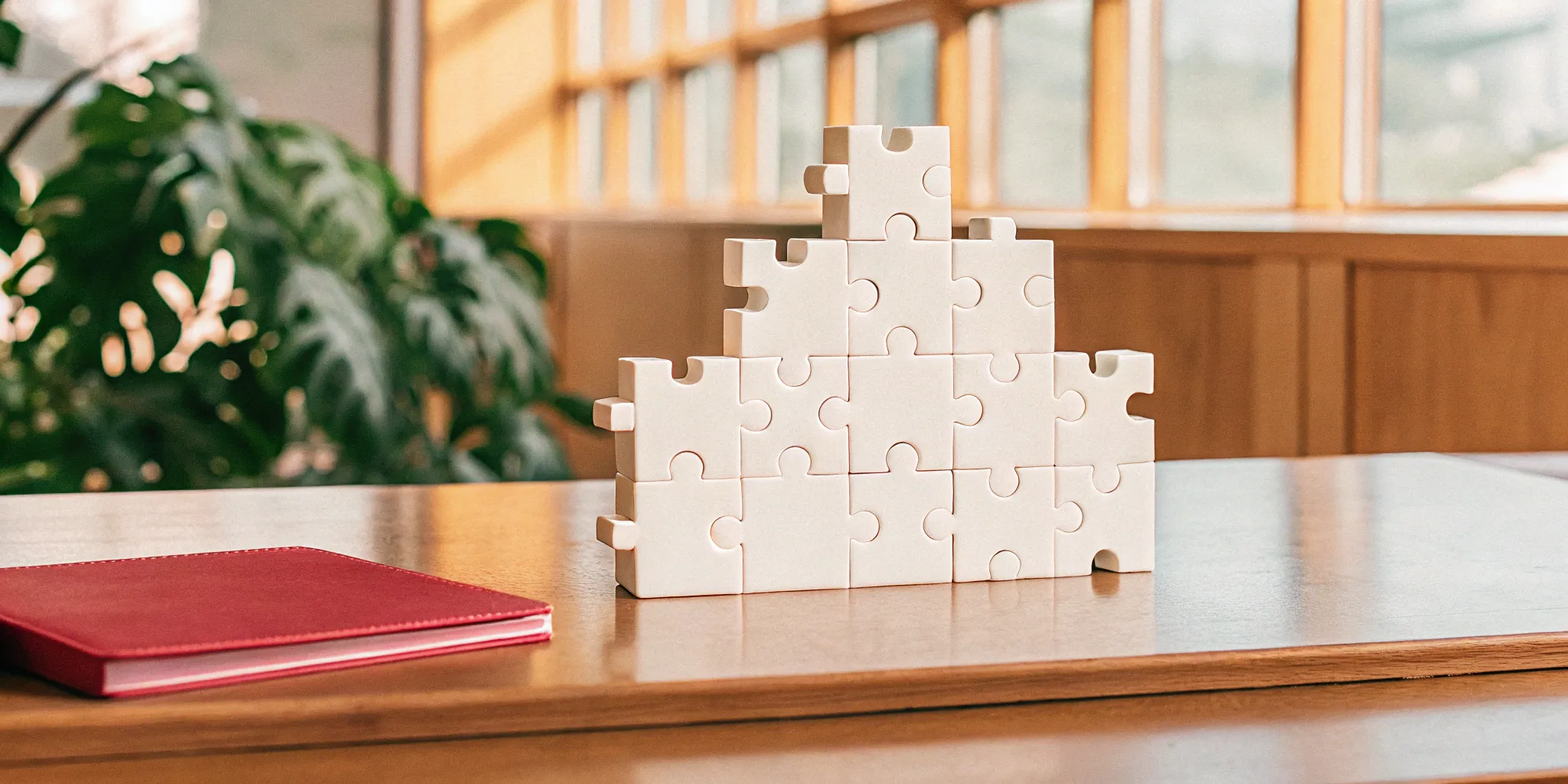 White puzzle pieces stacked in five steps for the ASC 606 revenue recognition standard.