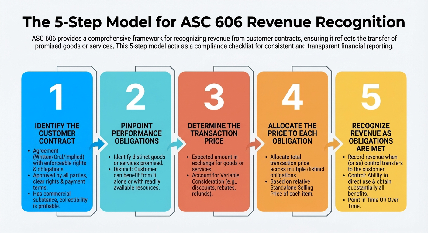 A Simple Guide to the ASC 606 Five Steps - HubiFi Blog Post Infographic