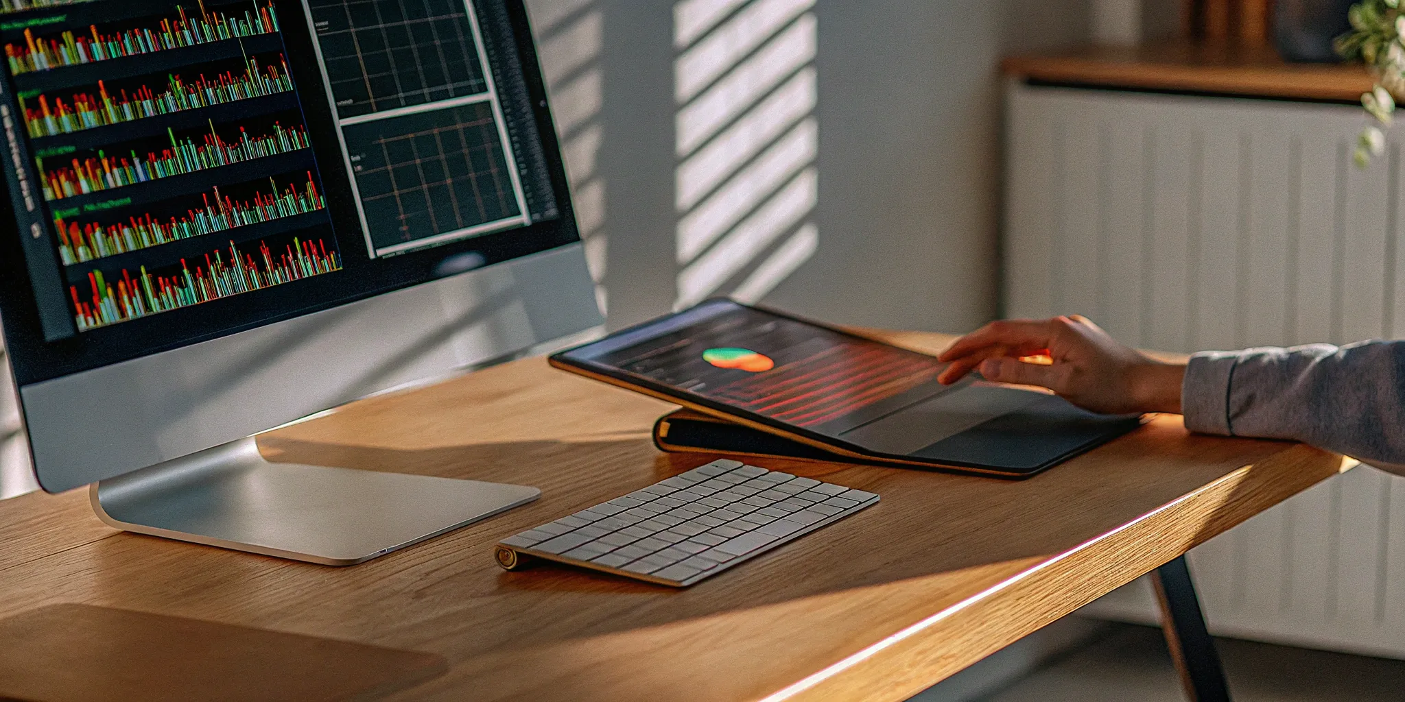 Accounting process automation shown on digital dashboards on a computer and tablet.