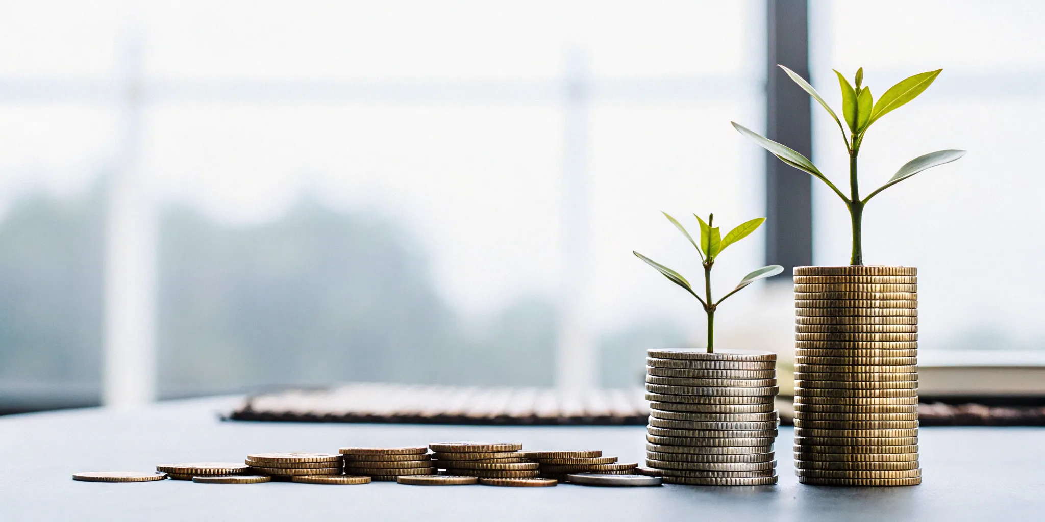 Stacks of coins with growing plants comparing MRR vs revenue for sustainable business growth.