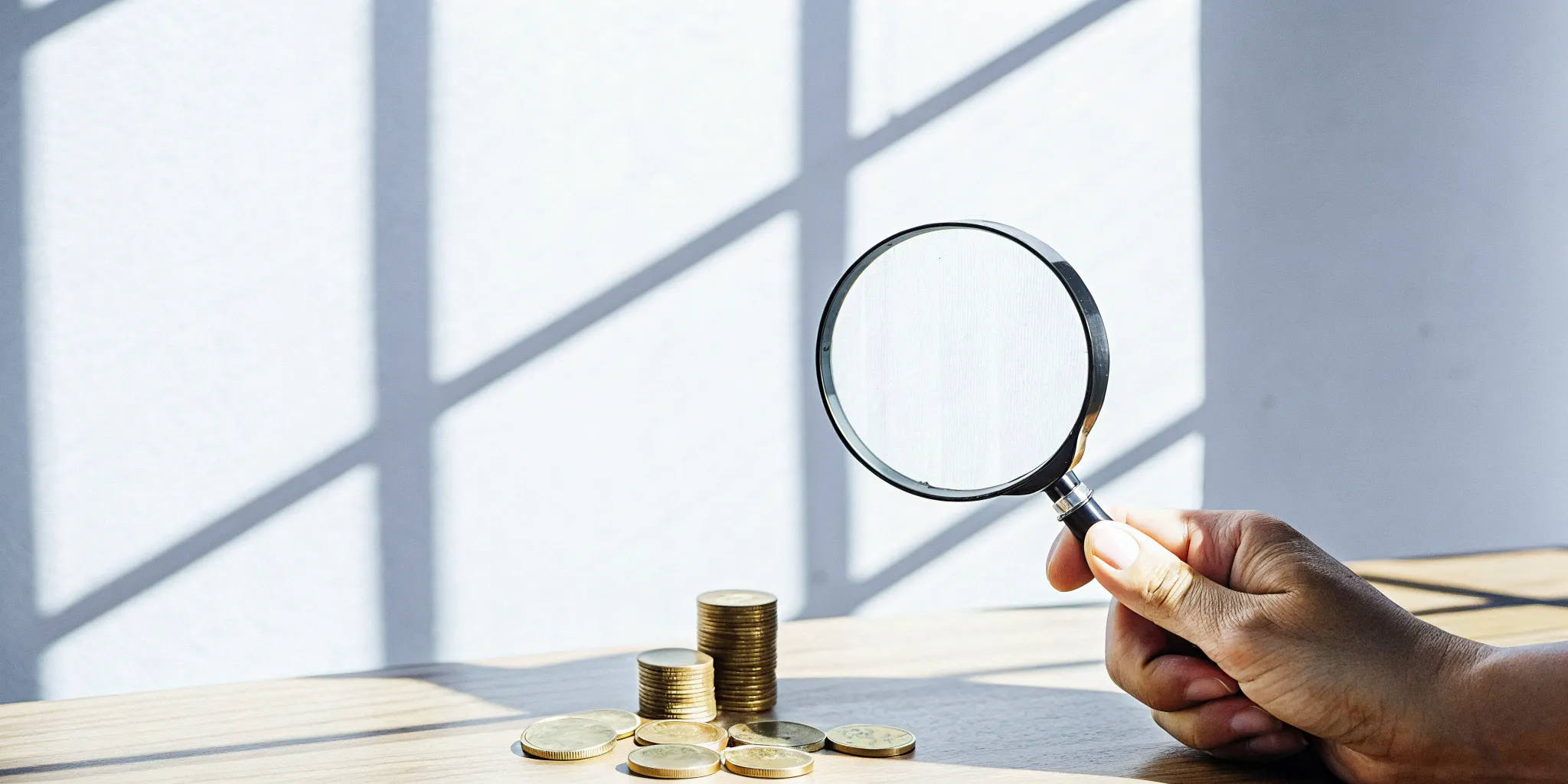 Hand holding a magnifying glass over a stack of coins to identify revenue leakage.