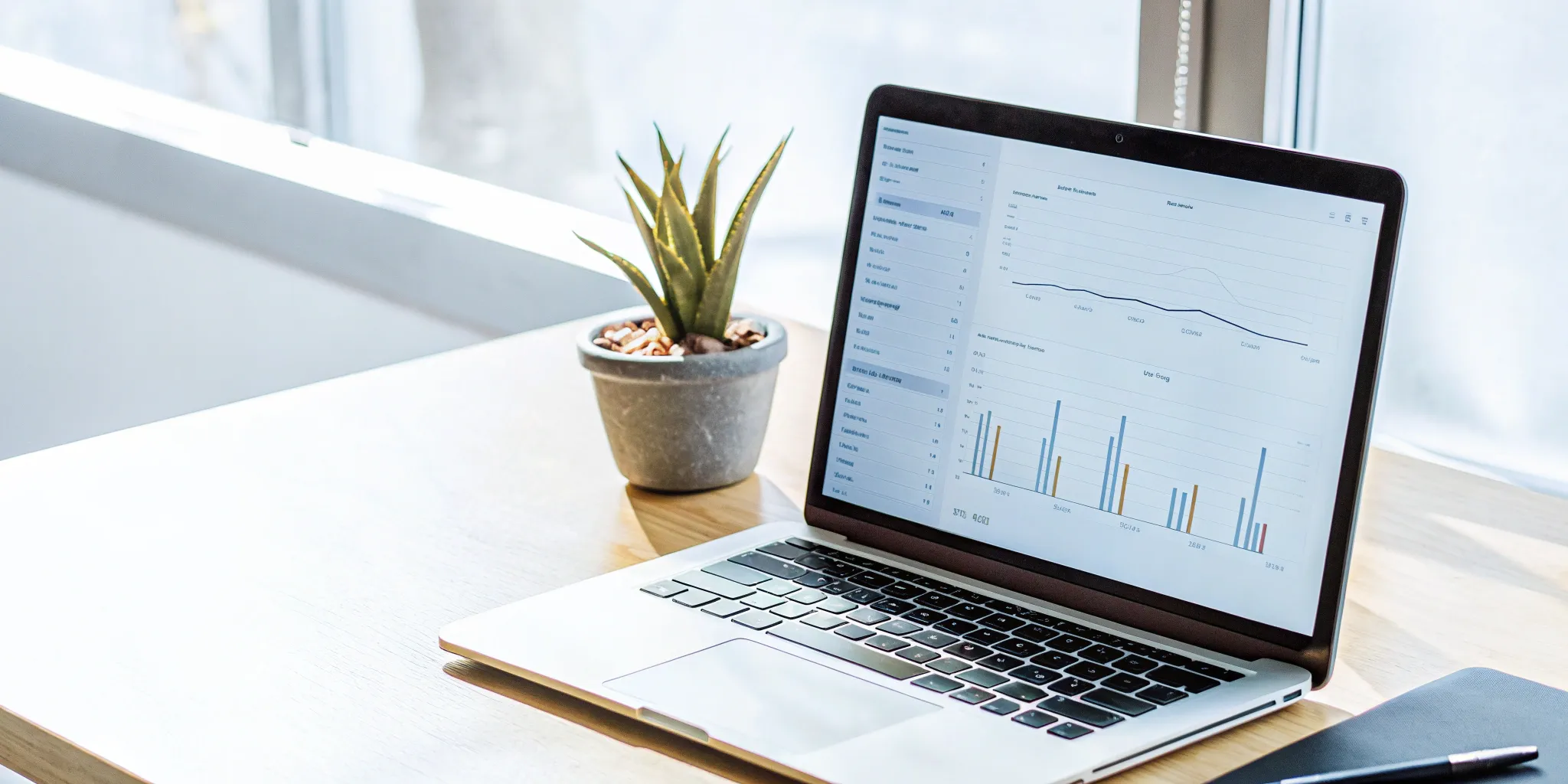 An automated bookkeeping software dashboard with financial charts displayed on a laptop screen.