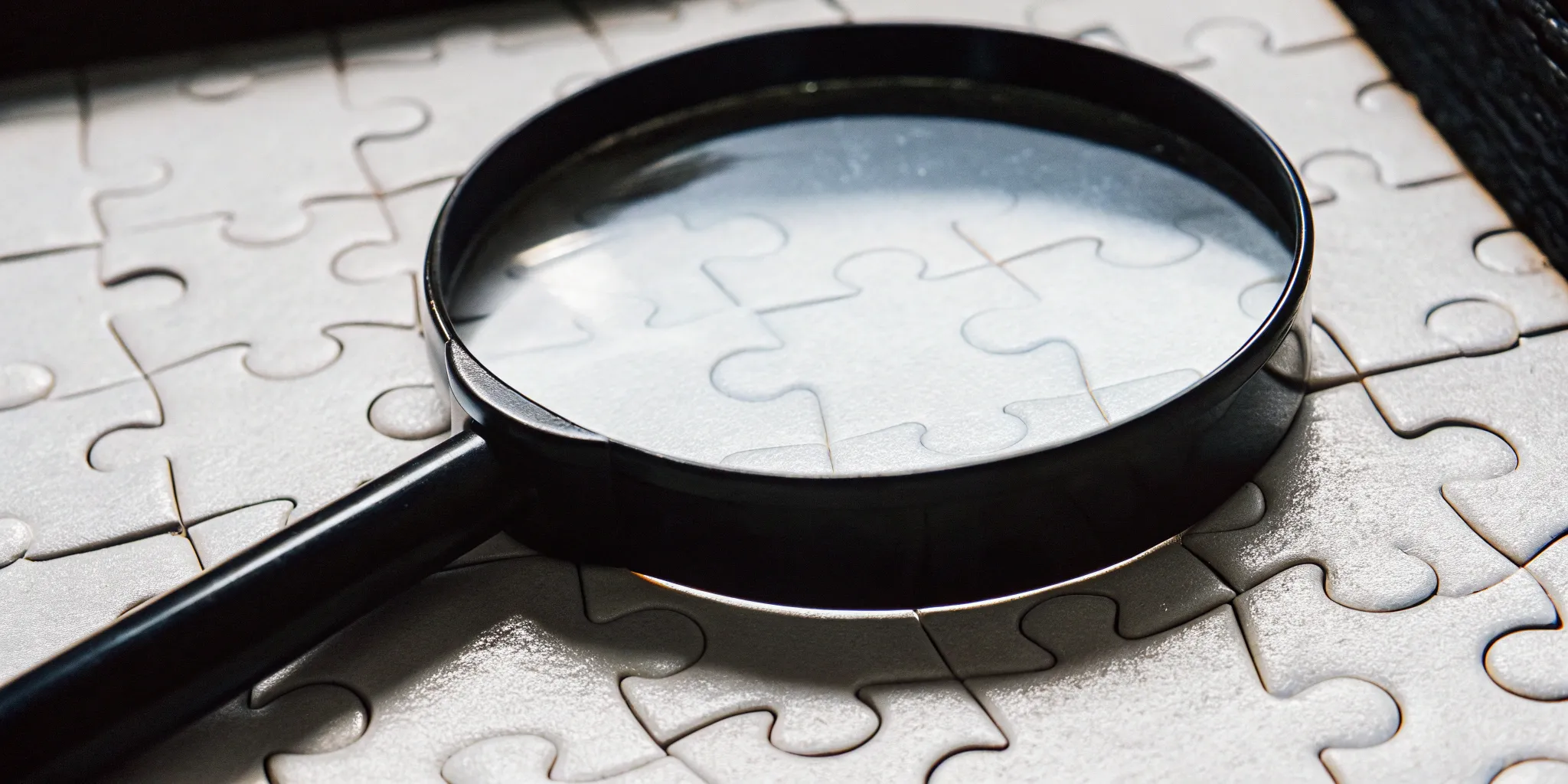 A magnifying glass examining puzzle pieces to identify performance obligations.