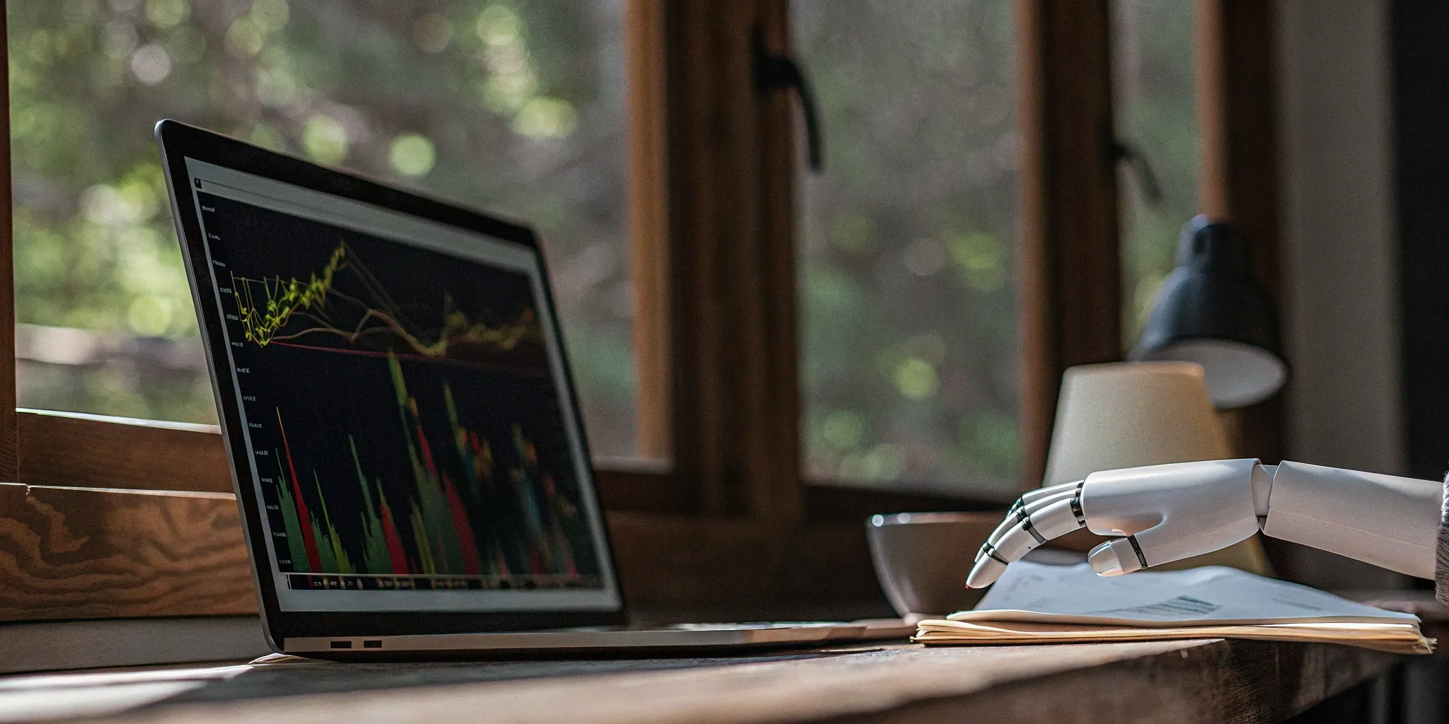 Robot hand on a laptop performing journal entry automation with financial charts on the screen.