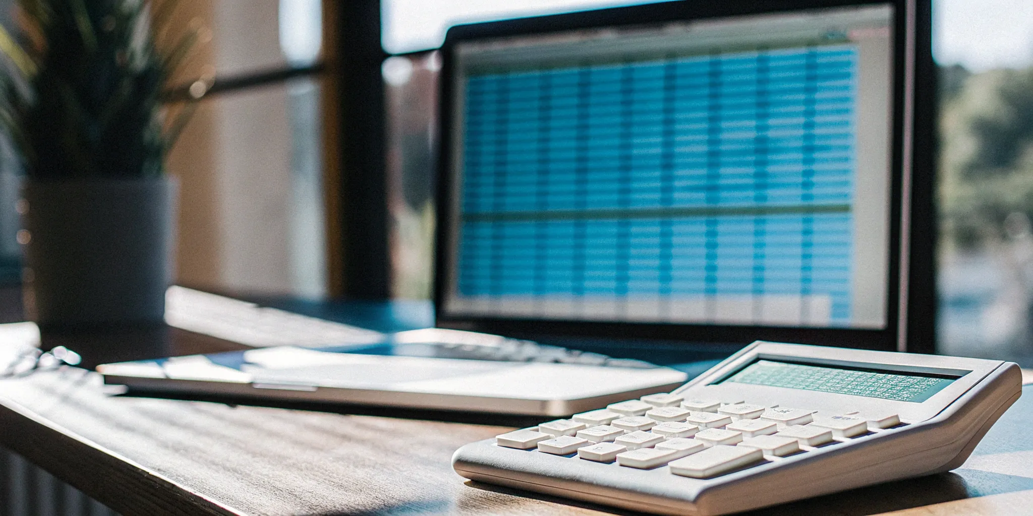 Calculator and laptop with a spreadsheet for performance obligation accounting.