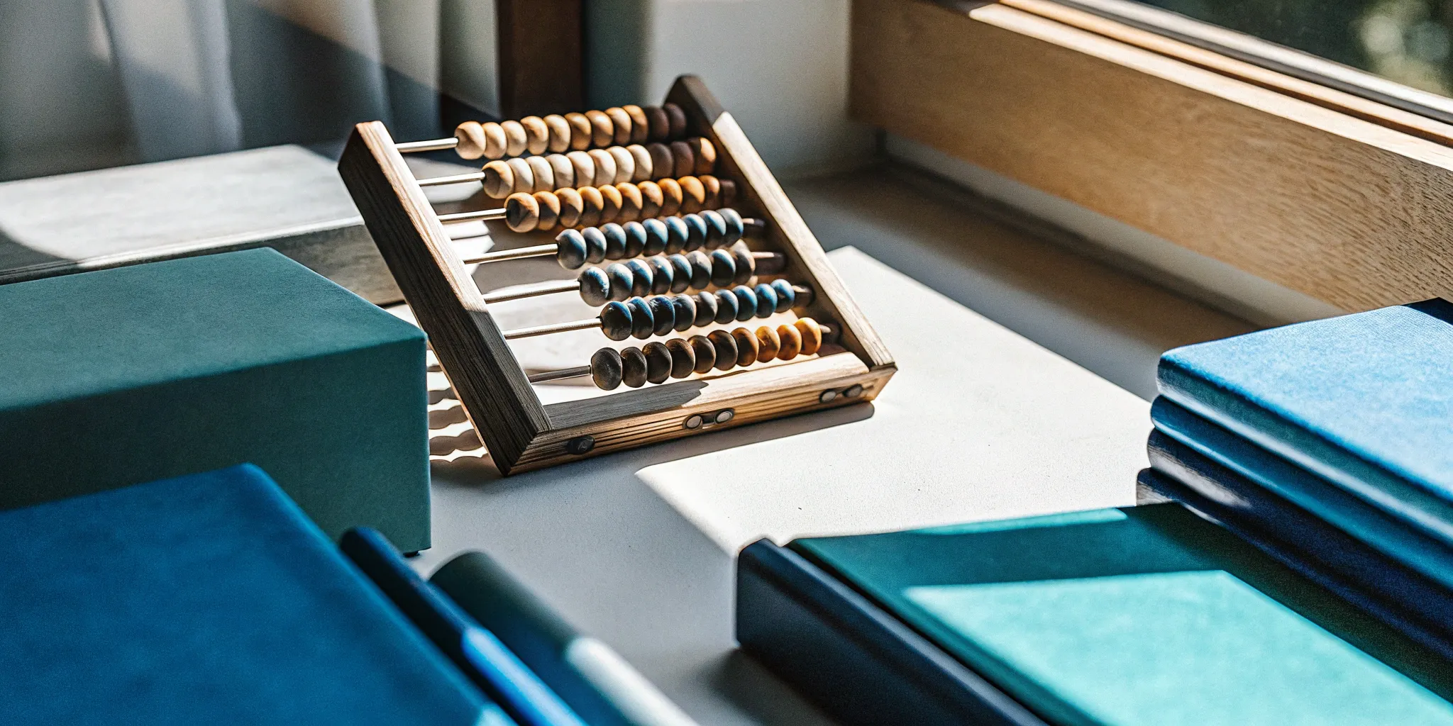 Multiple stacked books and an abacus on a desk for multi-book accounting.