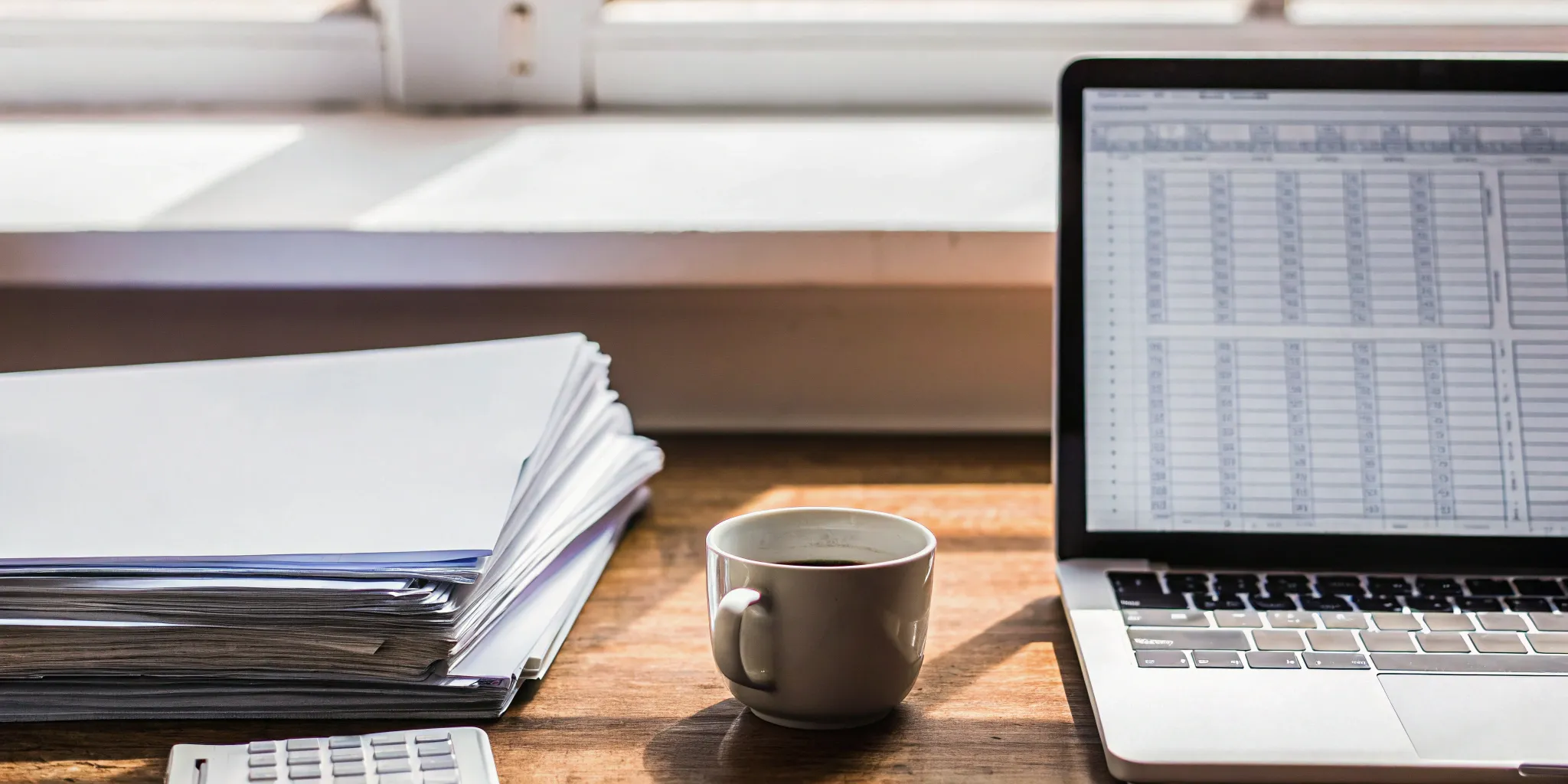 A financial close checklist on a laptop surrounded by documents and a calculator.