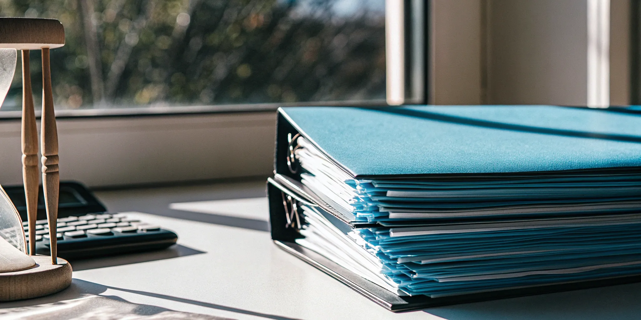 Binders on a desk holding a company's revenue recognition policies.