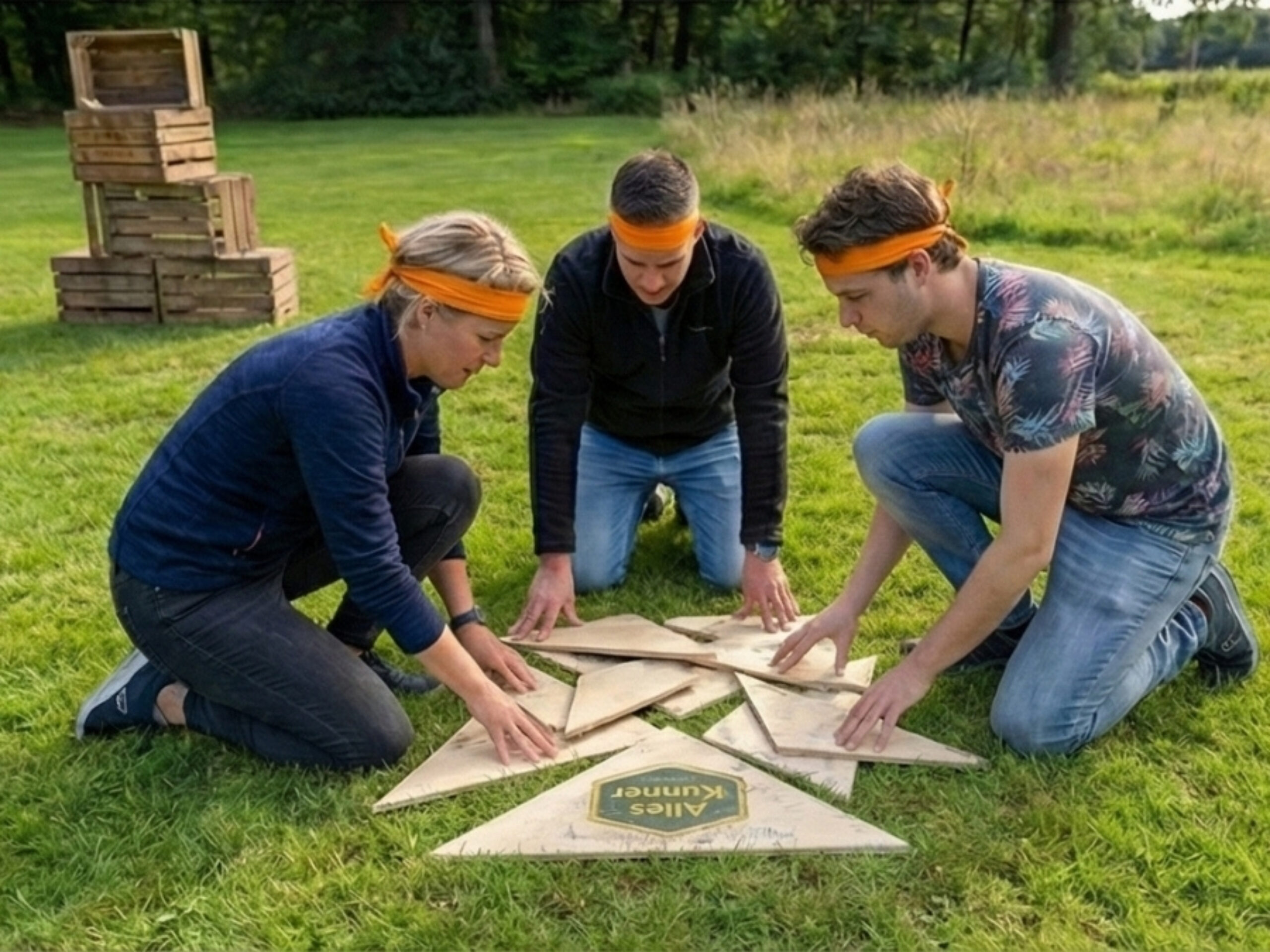 Drie mensen werken aan Tangram tijdens Alleskunner Teambuilding door BuitenEvents