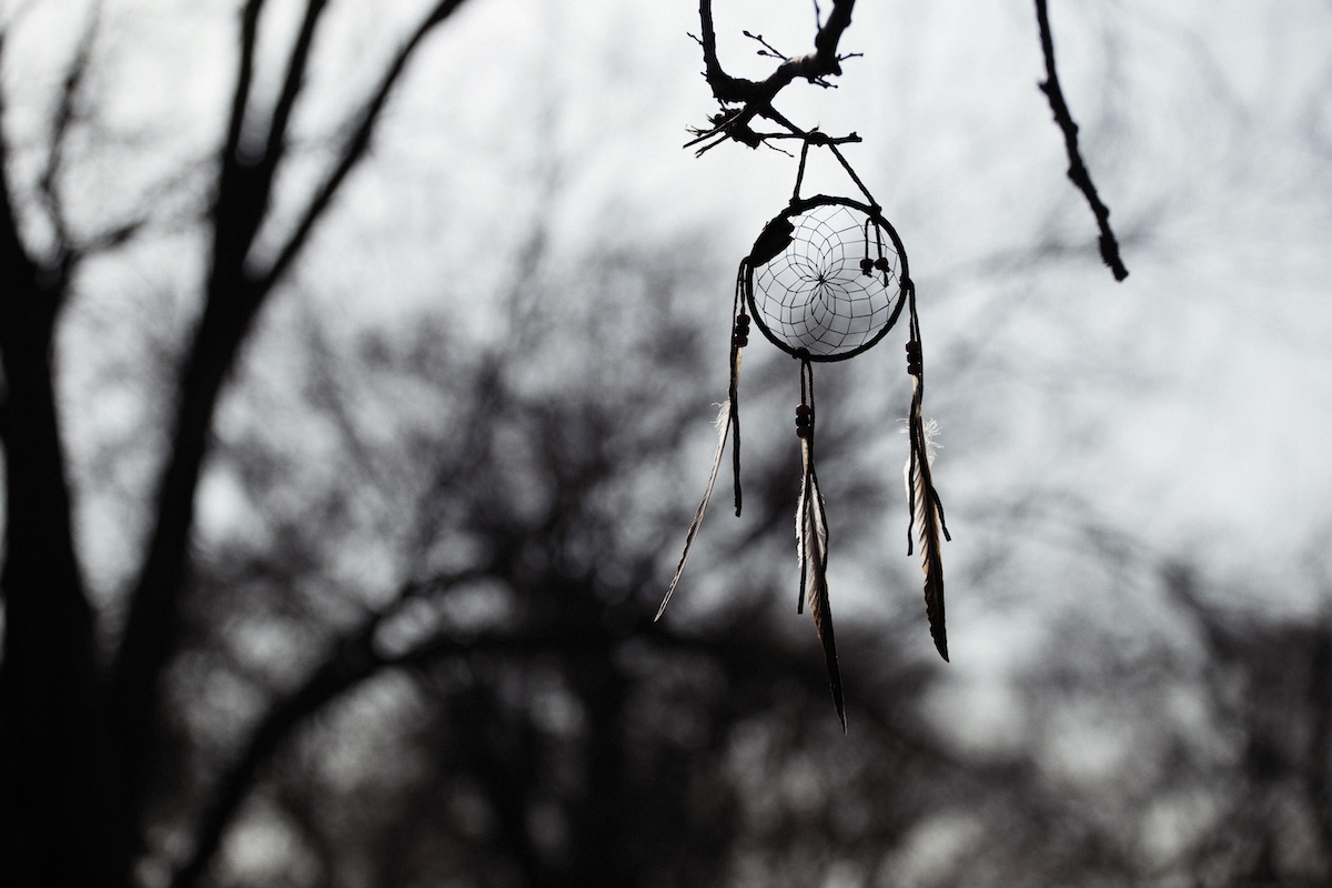 A silhouetted dream catcher hanging from a bare tree branch in a winter forest.